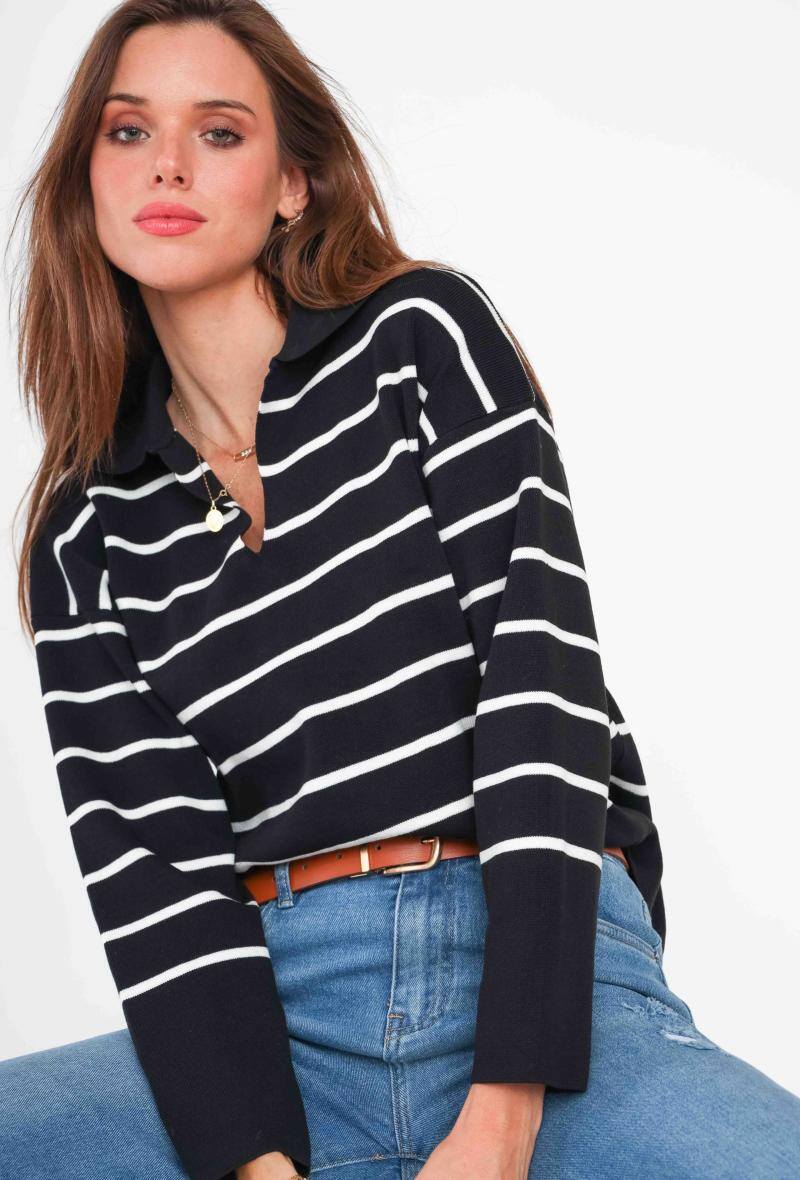 Grossiste Paris et Moi - Top stype polo à rayures manches longues