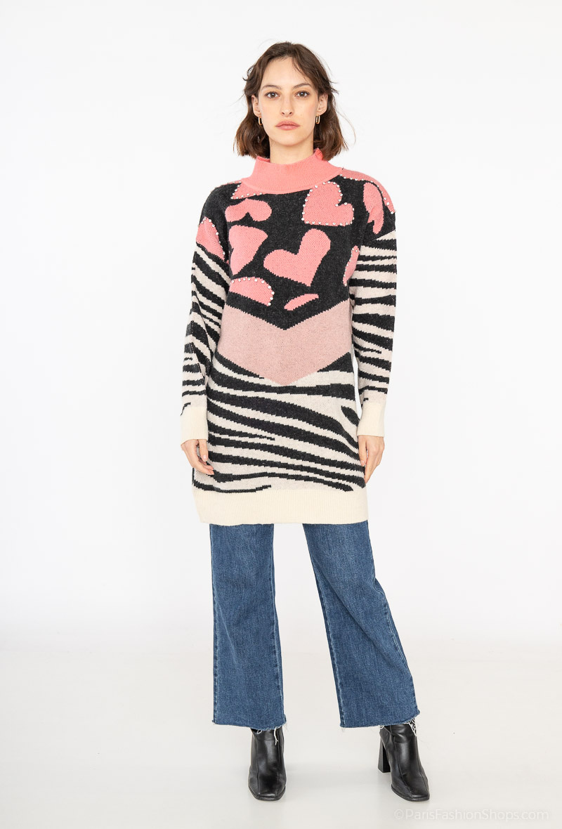 Wholesaler Paris et Moi - Sweater dress with big hearts surrounded by sequins