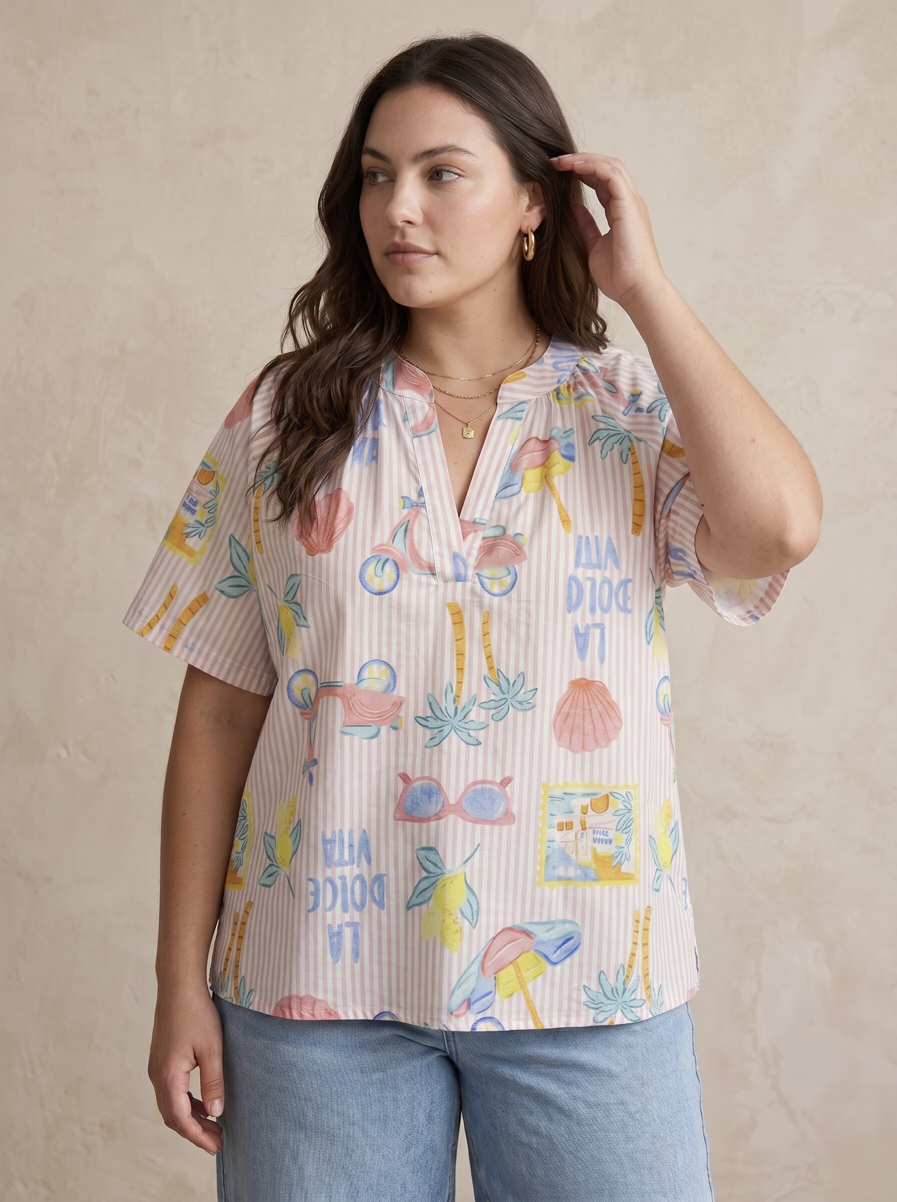 Grossista Pépouz' Paris Curve - TAGLIA GRANDE Blusa in cotone stampato con vestibilità ampia, scollo a V e maniche corte