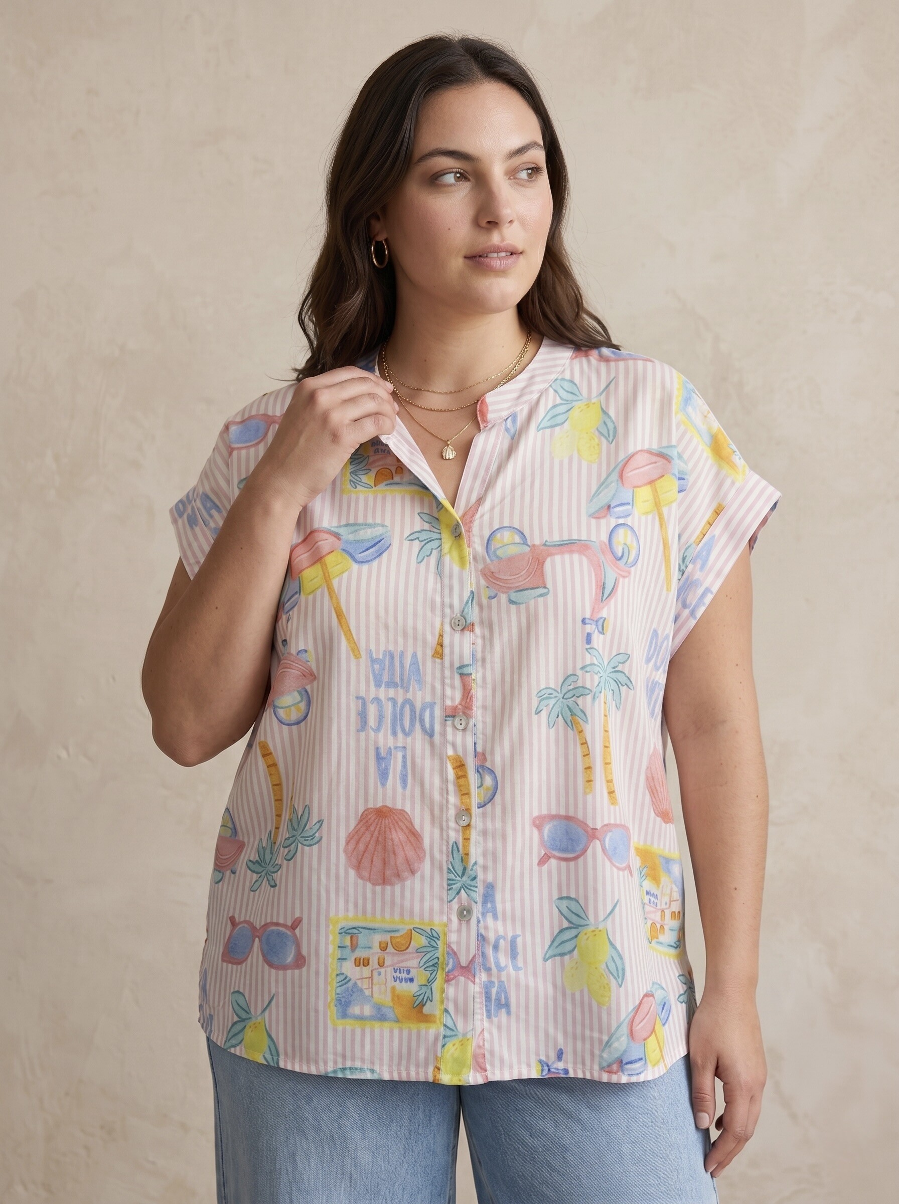 Grossista Pépouz' Paris Curve - TAGLIA GRANDE Camicia senza maniche in cotone stampato con collo tunisino