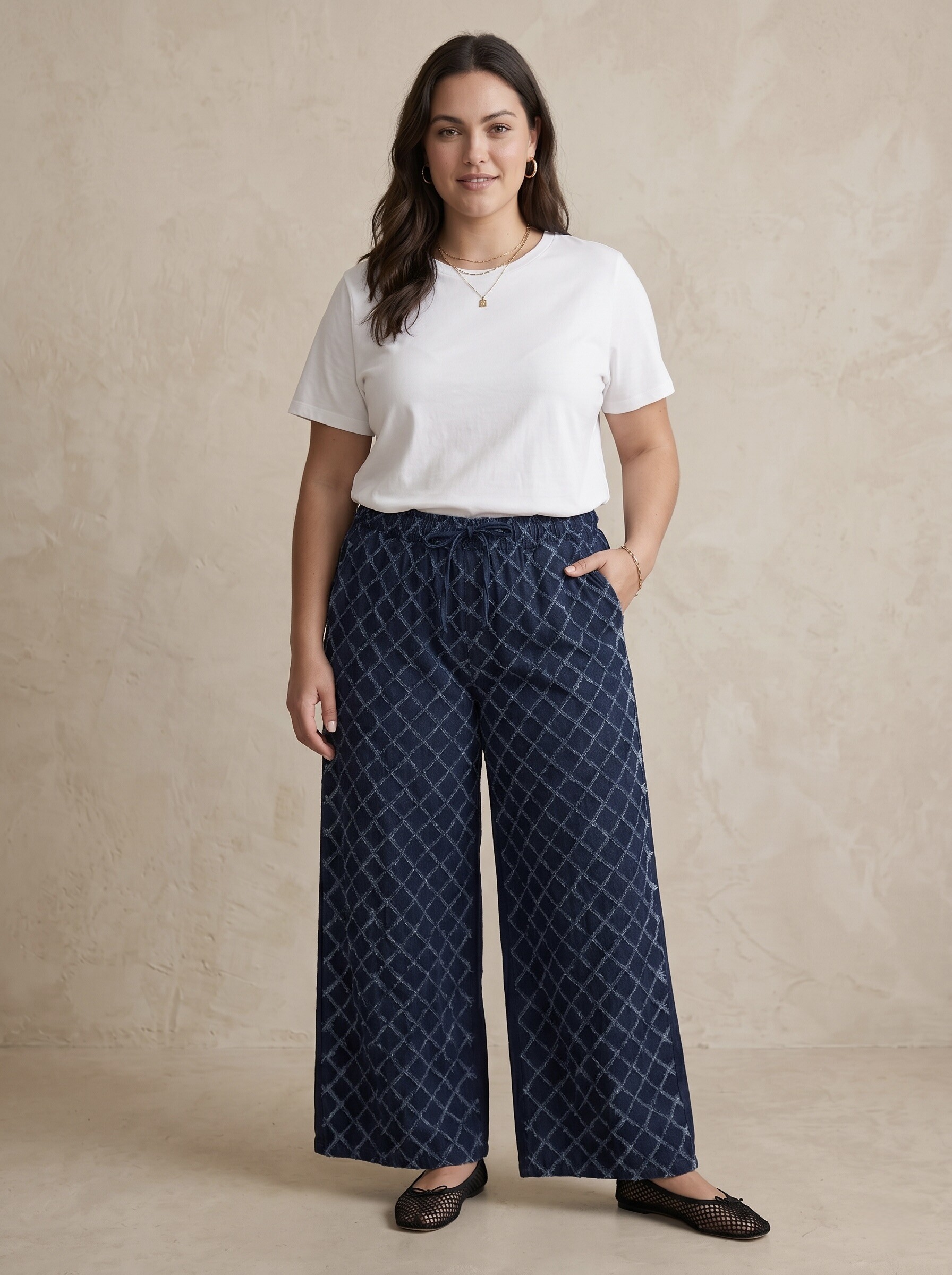 Grossiste Pépouz' Paris Curve - Grande taille pantalon coupe large en jean motif losanges