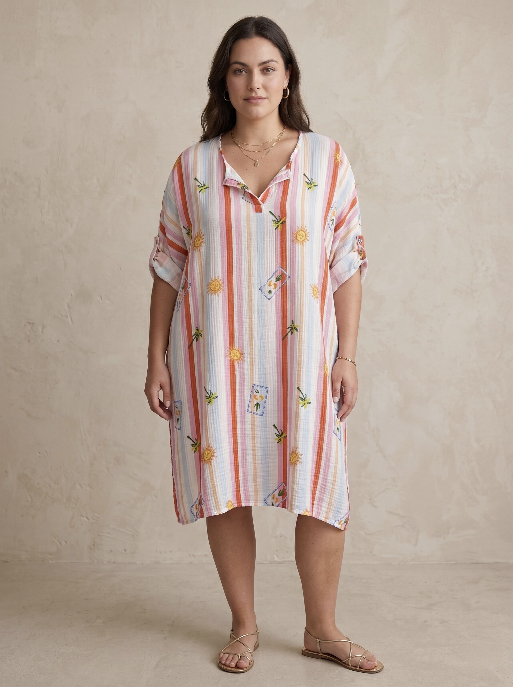 Grossiste Pépouz' Paris Curve - Grande taille robe tunique imprimée col V gaze de coton manches courtes