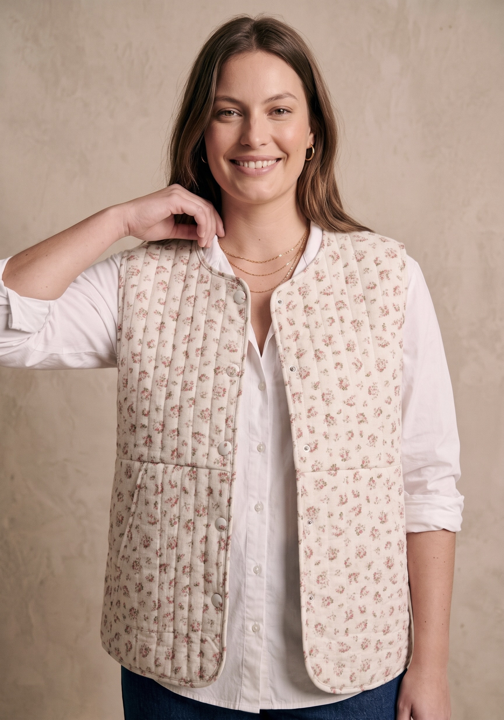 Großhändler Pépouz' Paris Curve - Ärmellose gesteppte Weste aus bedrucktem Baumwollmusselin mit Blumenmuster und Rundhalsausschnitt