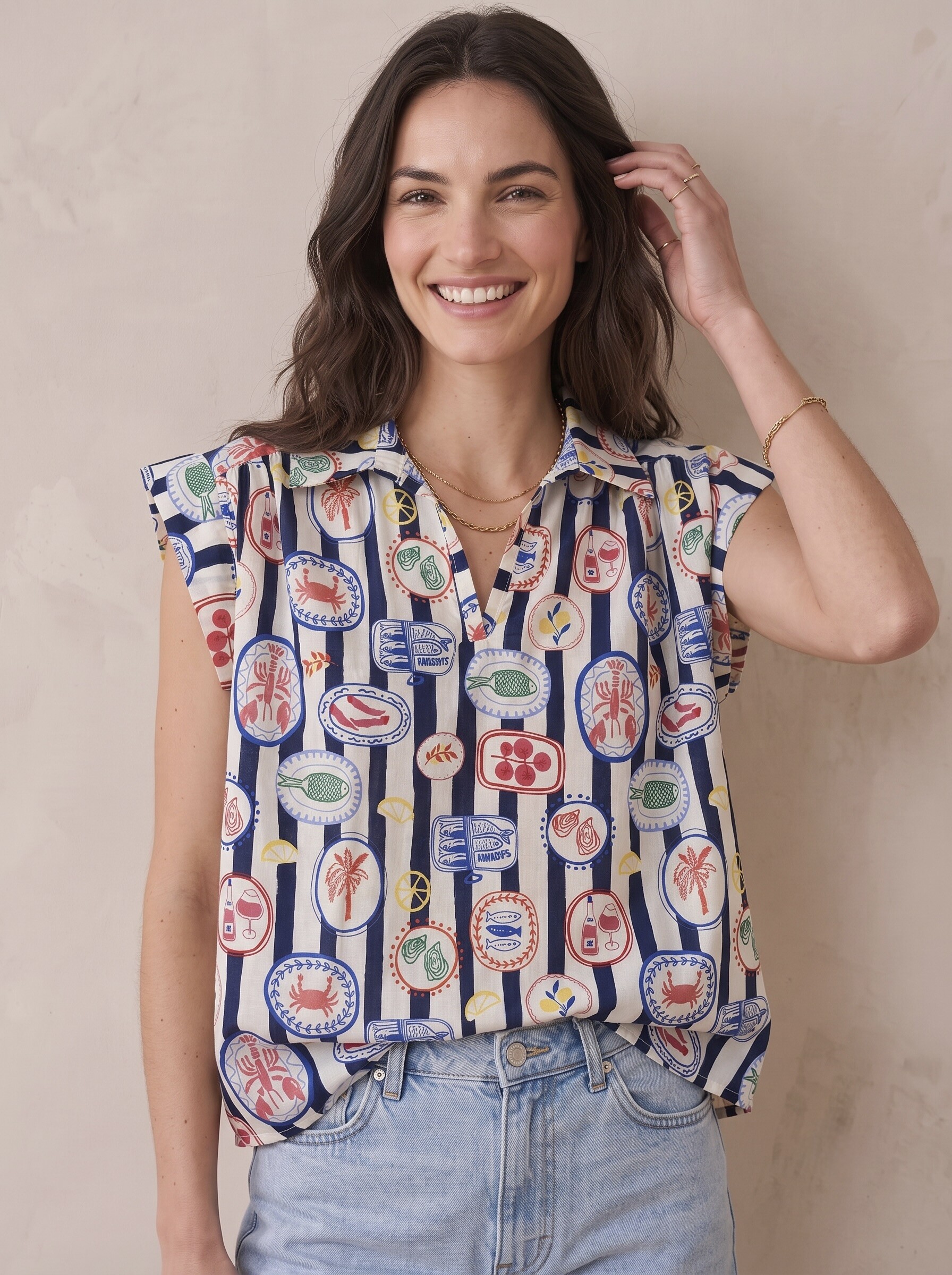 Grossista Pépouz' Paris - Blusa in cotone a righe stampate con scollo a V, maniche corte e vestibilità ampia