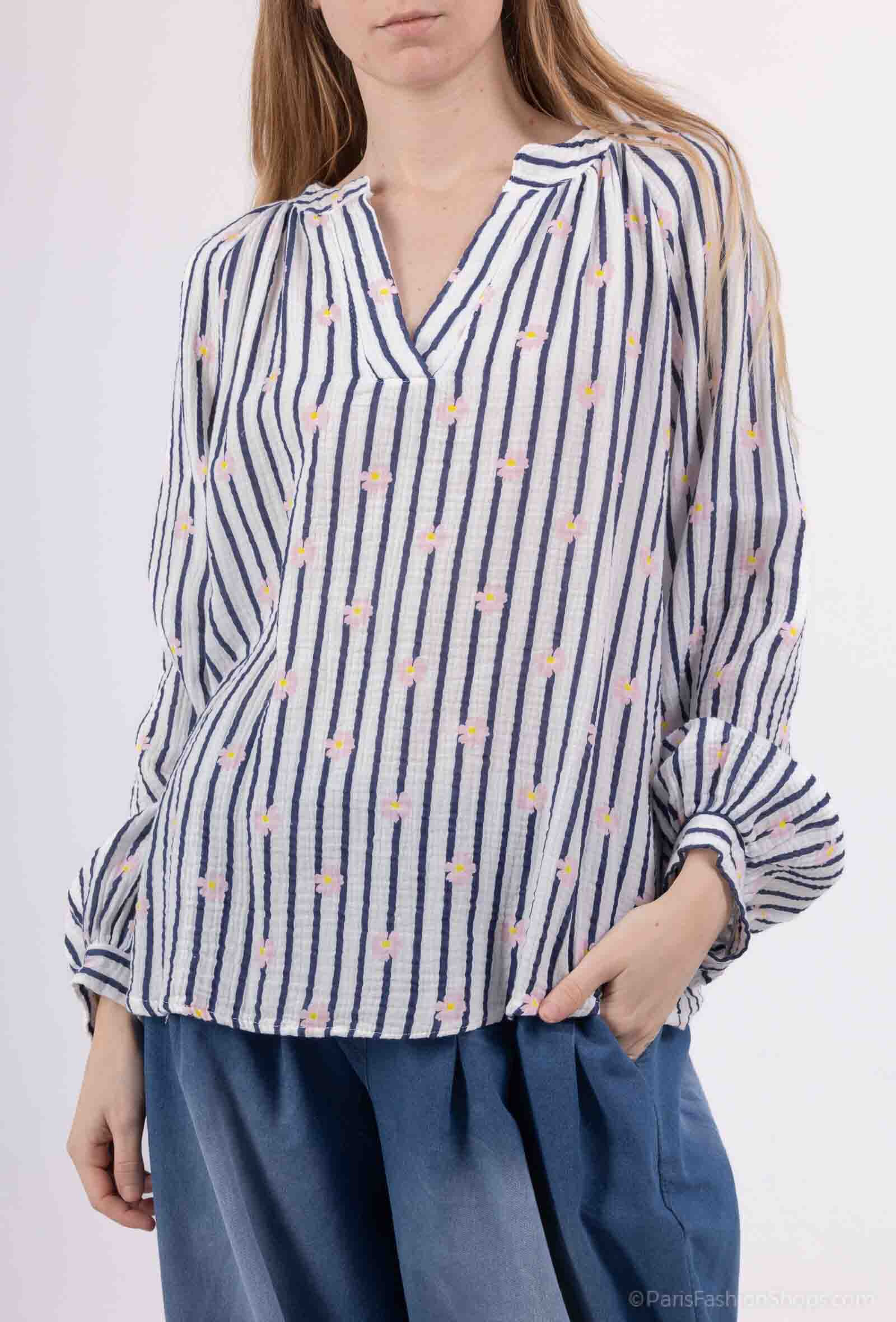 Grossiste Pépouz' Paris - Blouse gaze de coton à rayures et fleurs
