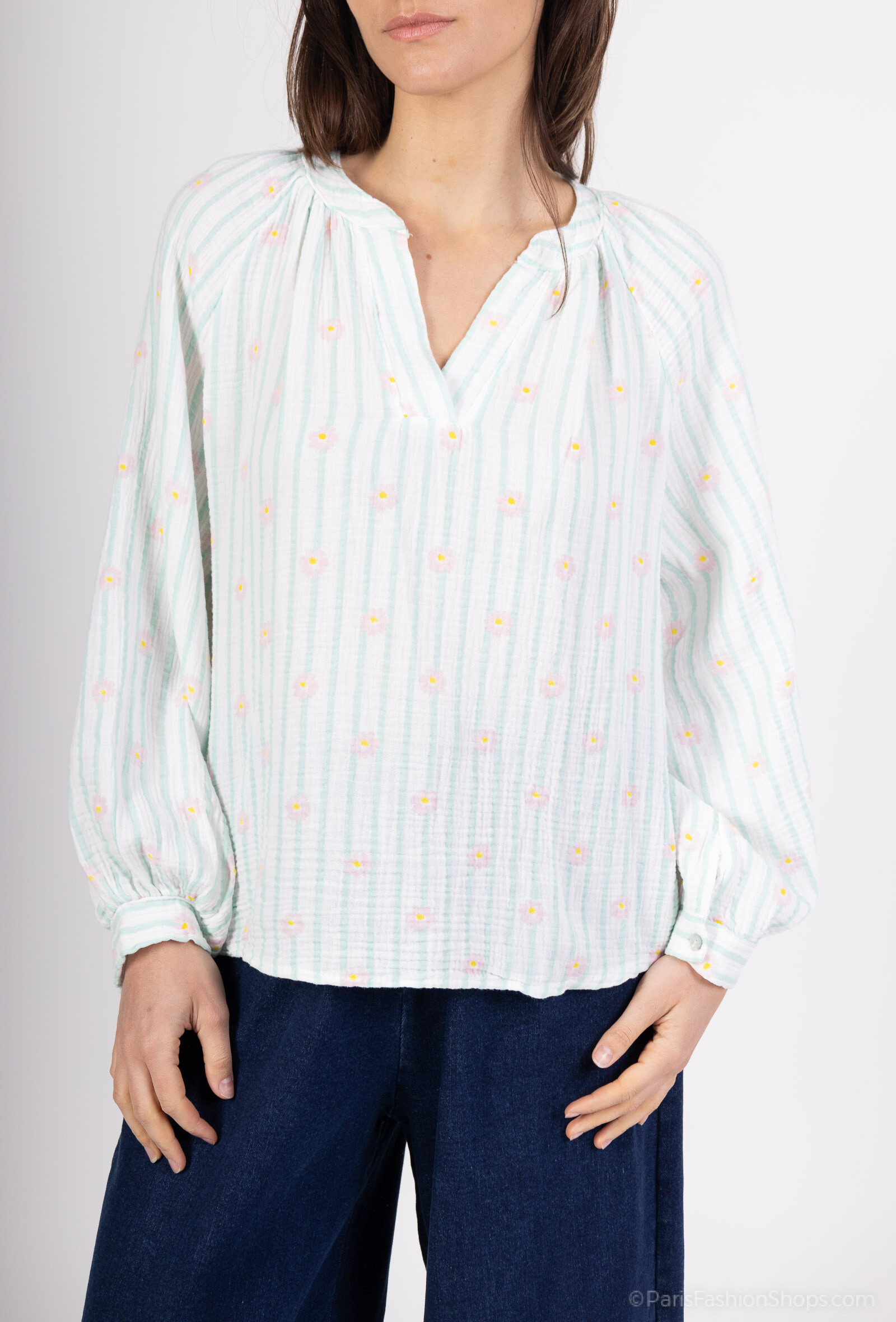Grossiste Pépouz' Paris - Blouse gaze de coton à rayures et fleurs