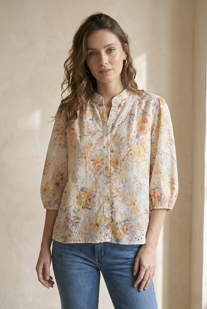 Grossiste Pépouz' Paris - Chemise coton broderie anglaise imprimé floral manches 3/4
