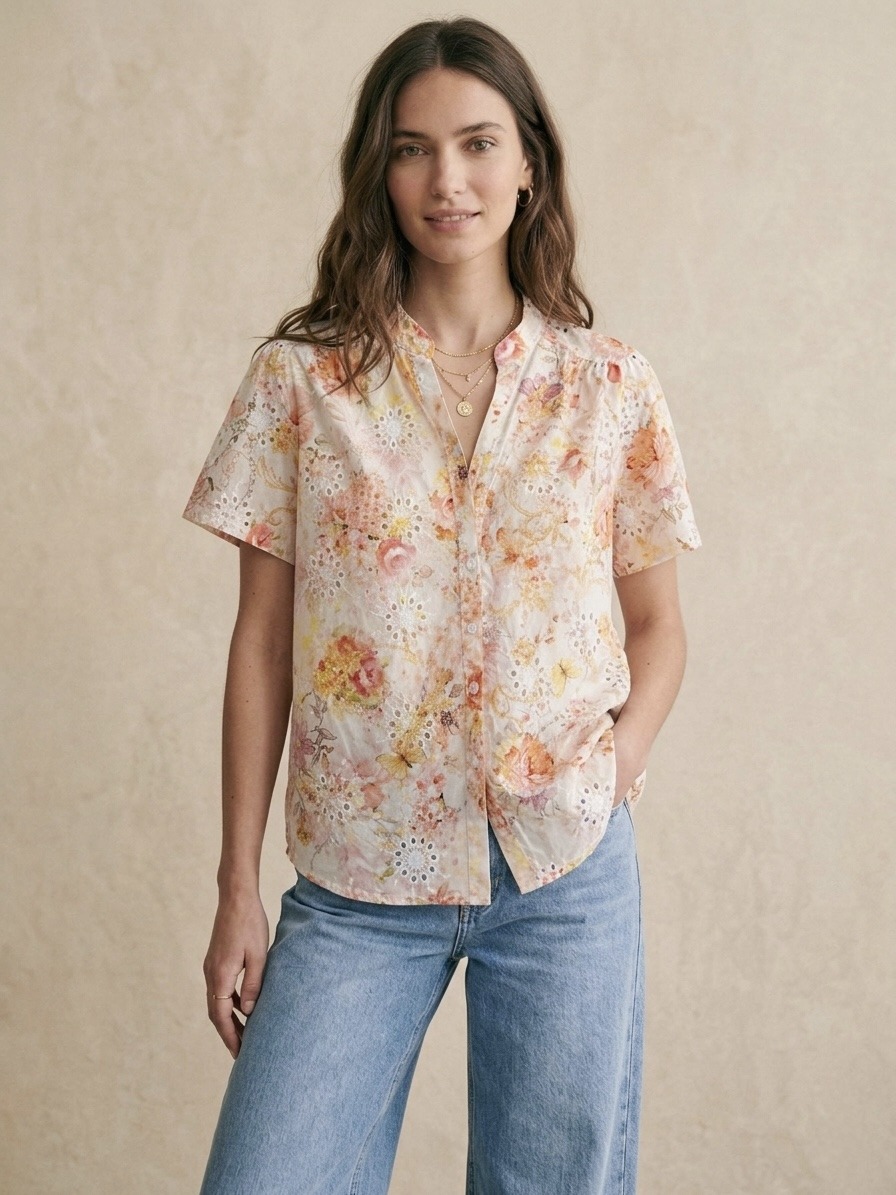 Grossiste Pépouz' Paris - Chemise manches courtes coton broderie anglaise imprimée