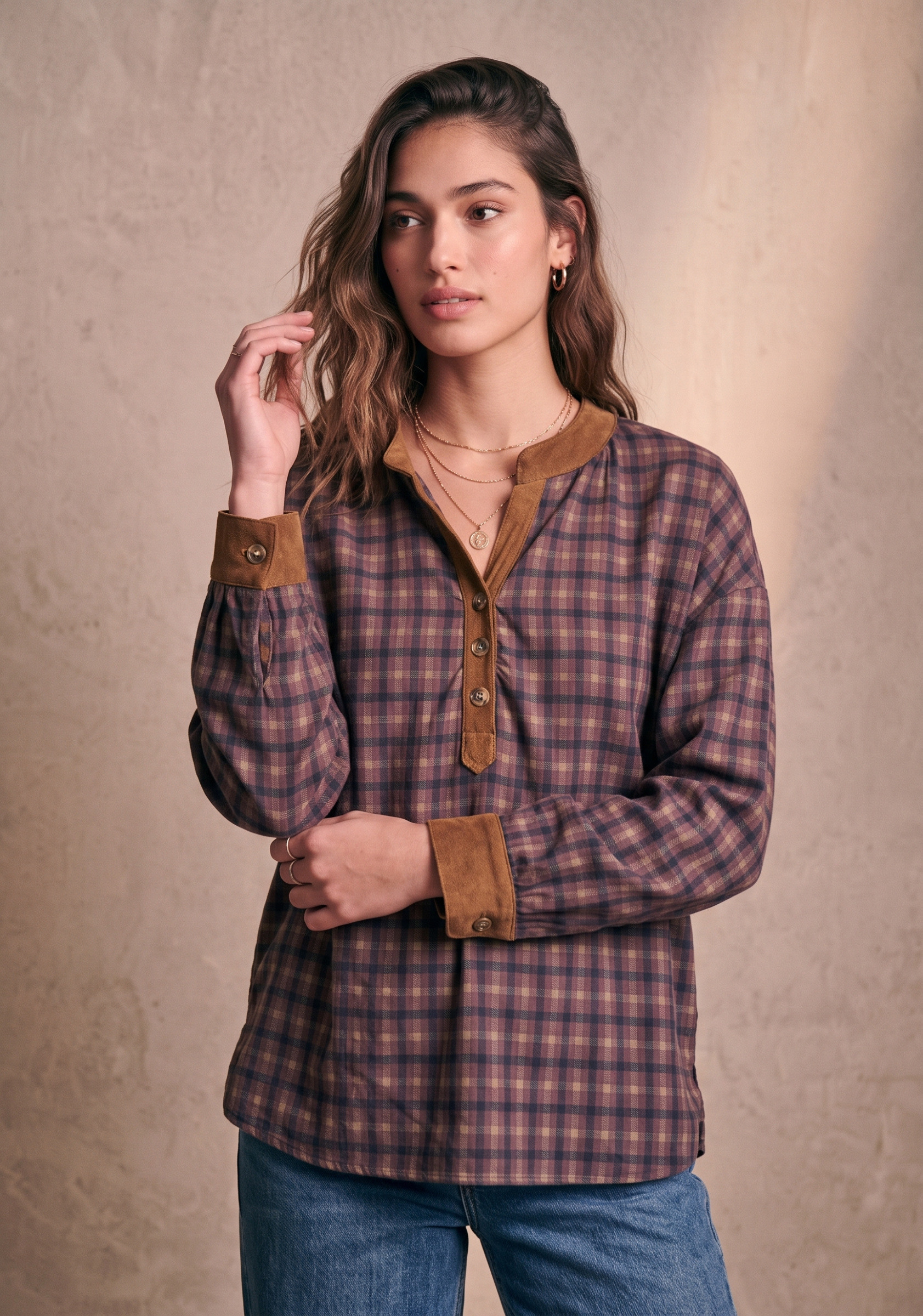 Grossista Pépouz' Paris - Blusa fluida a quadri con collo tunisino e maniche lunghe in cotone