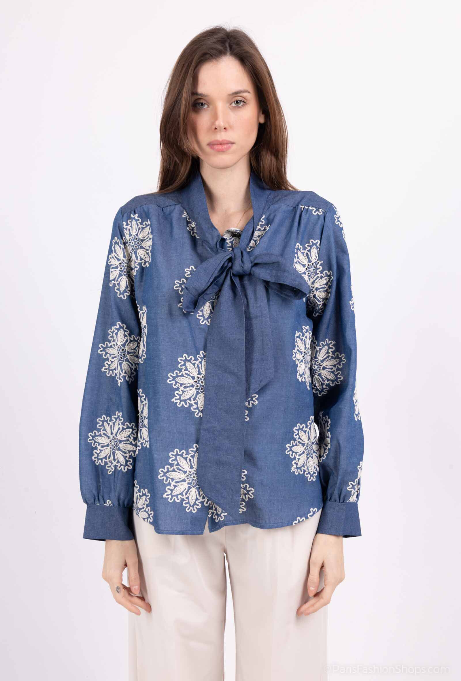 Grossiste Pépouz' Paris - Blouse en tencel avec broderie à col noué