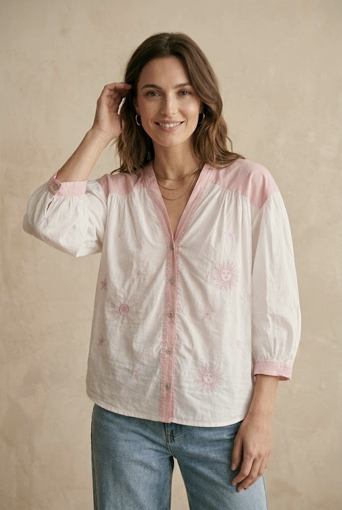Mayorista Pépouz' Paris - Camisa de manga larga de algodón con cuello en V y bordado de sol
