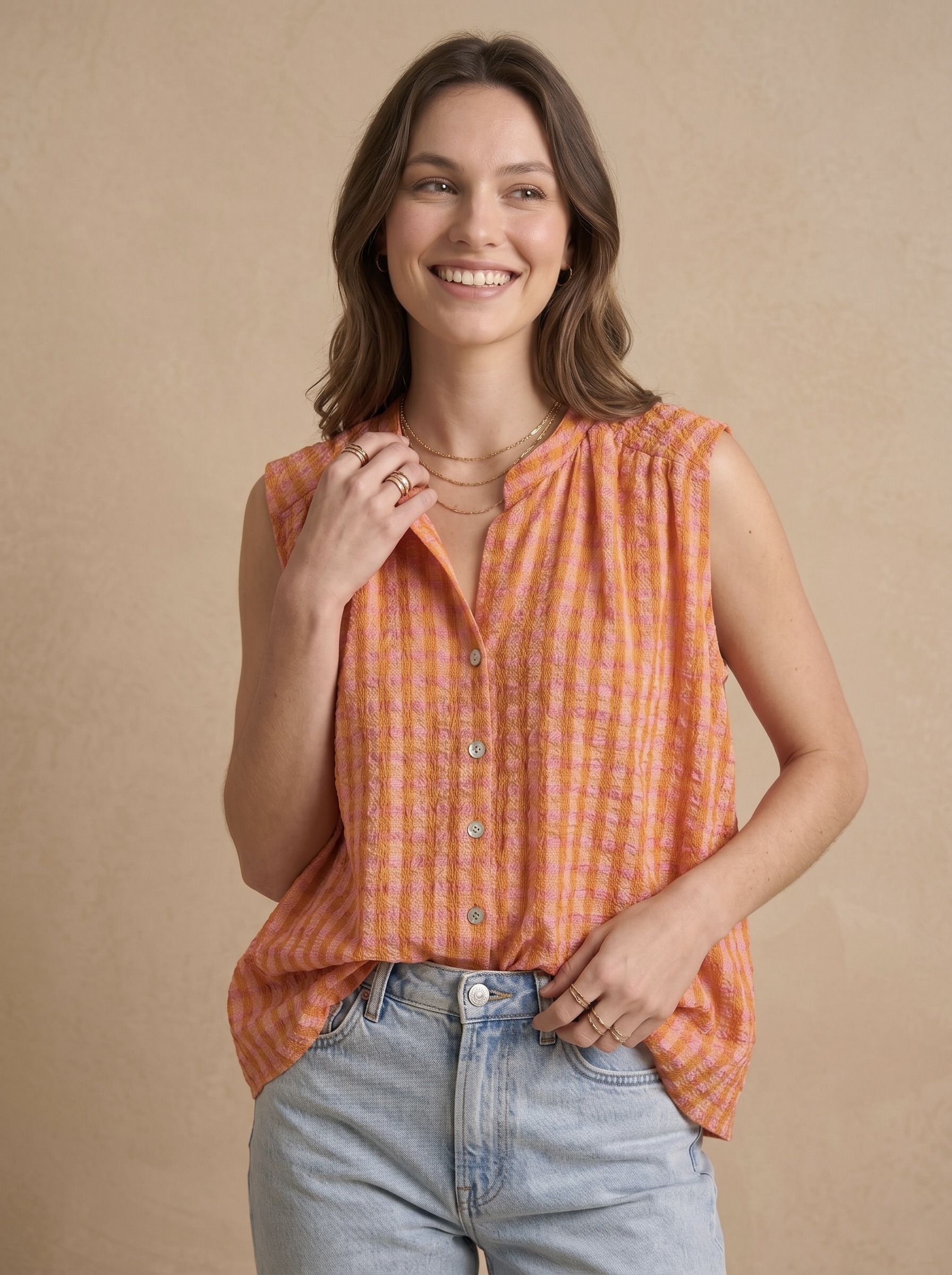 Mayorista Pépouz' Paris - Blusa sin mangas de cuadros vichy con cuello redondo