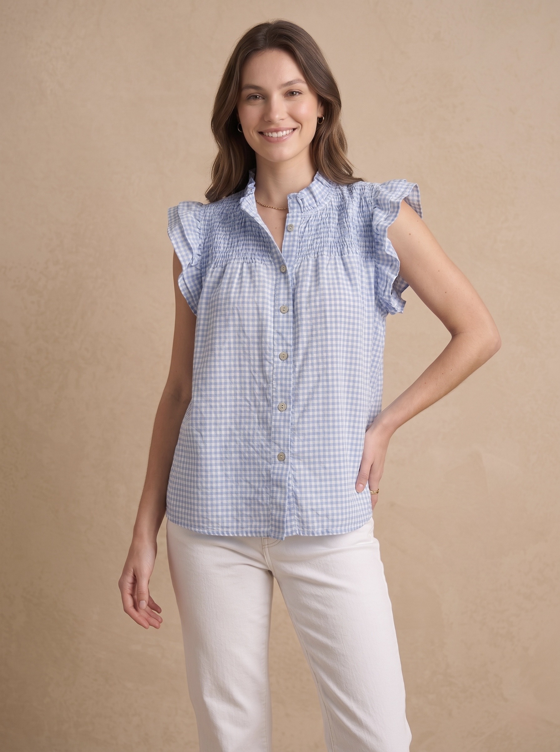 Mayorista Pépouz' Paris - Camisa de algodón a cuadros con corte holgado, cuello alto y mangas con volantes