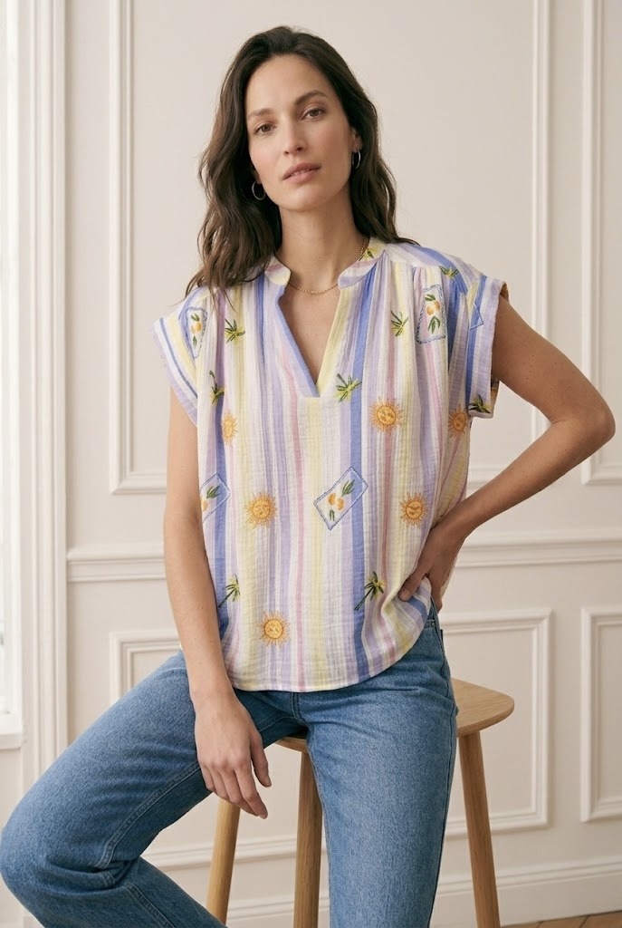 Mayorista Pépouz' Paris - Blusa de tencel de manga corta con cuello en V, corte amplio y estampado de rayas veraniegas