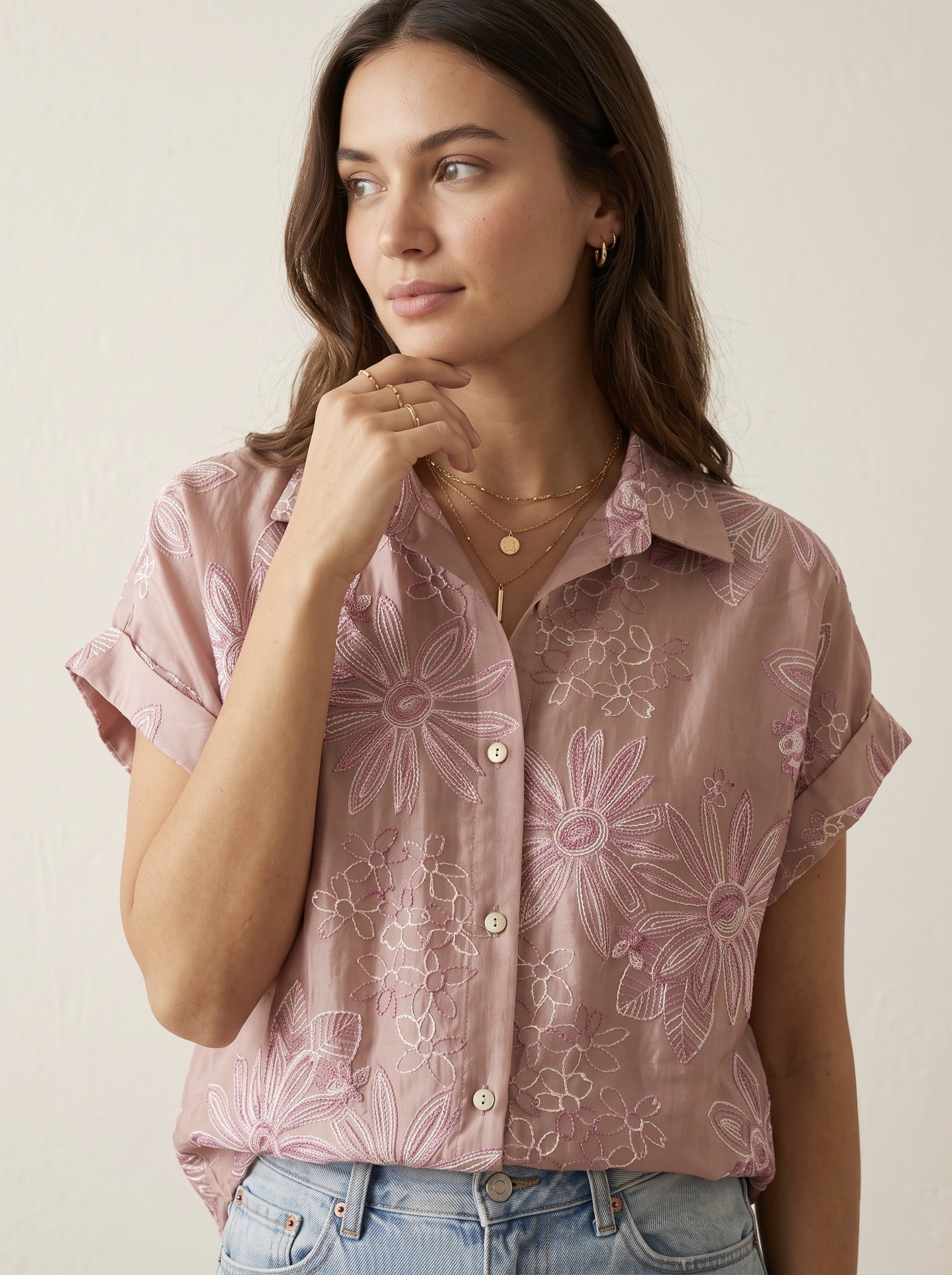 Grossiste Pépouz' Paris - Chemise ample brodée fleurs col chemise manches courtes