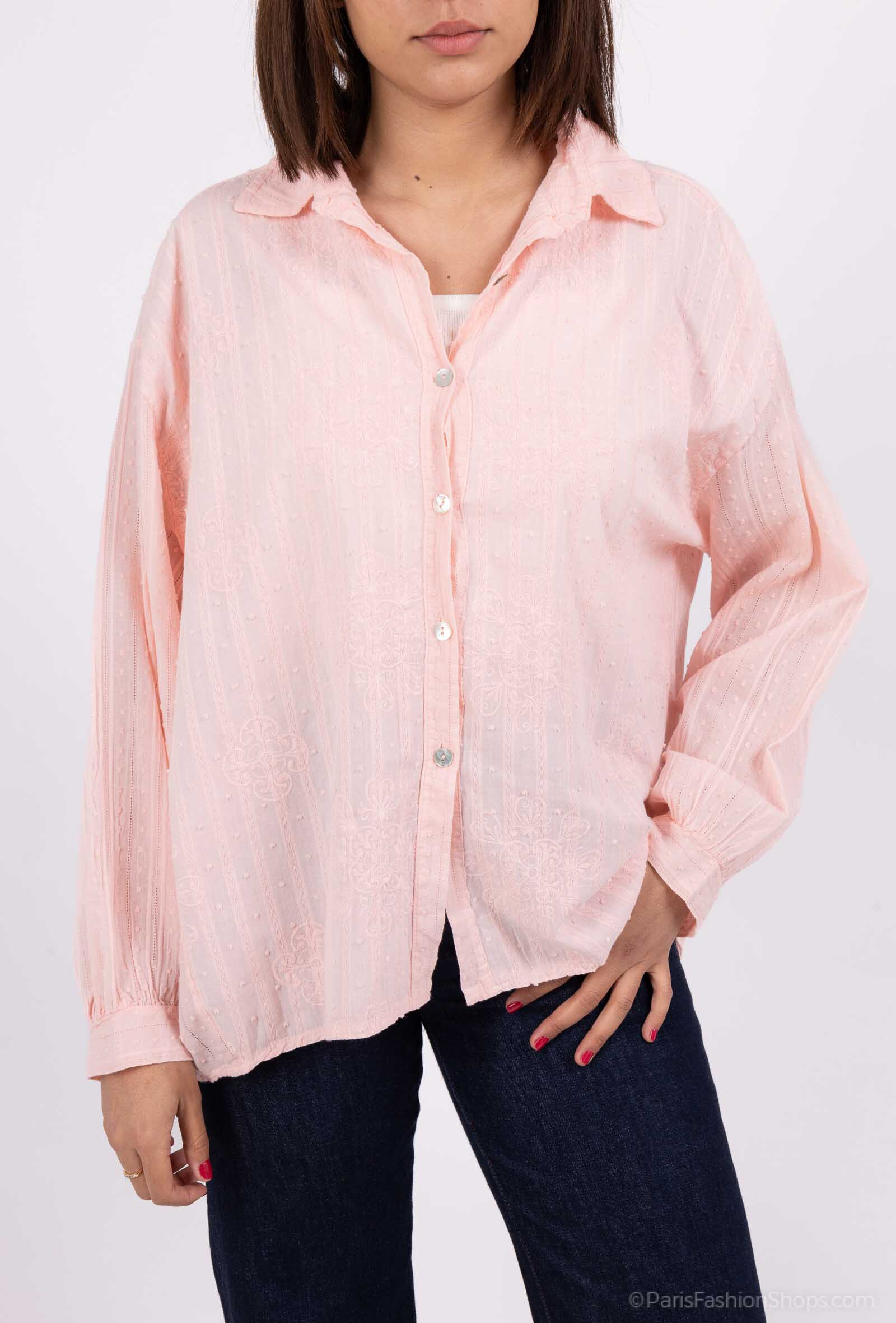 Grossiste Pépouz' Paris - Chemise 100% coton broderie fleurs