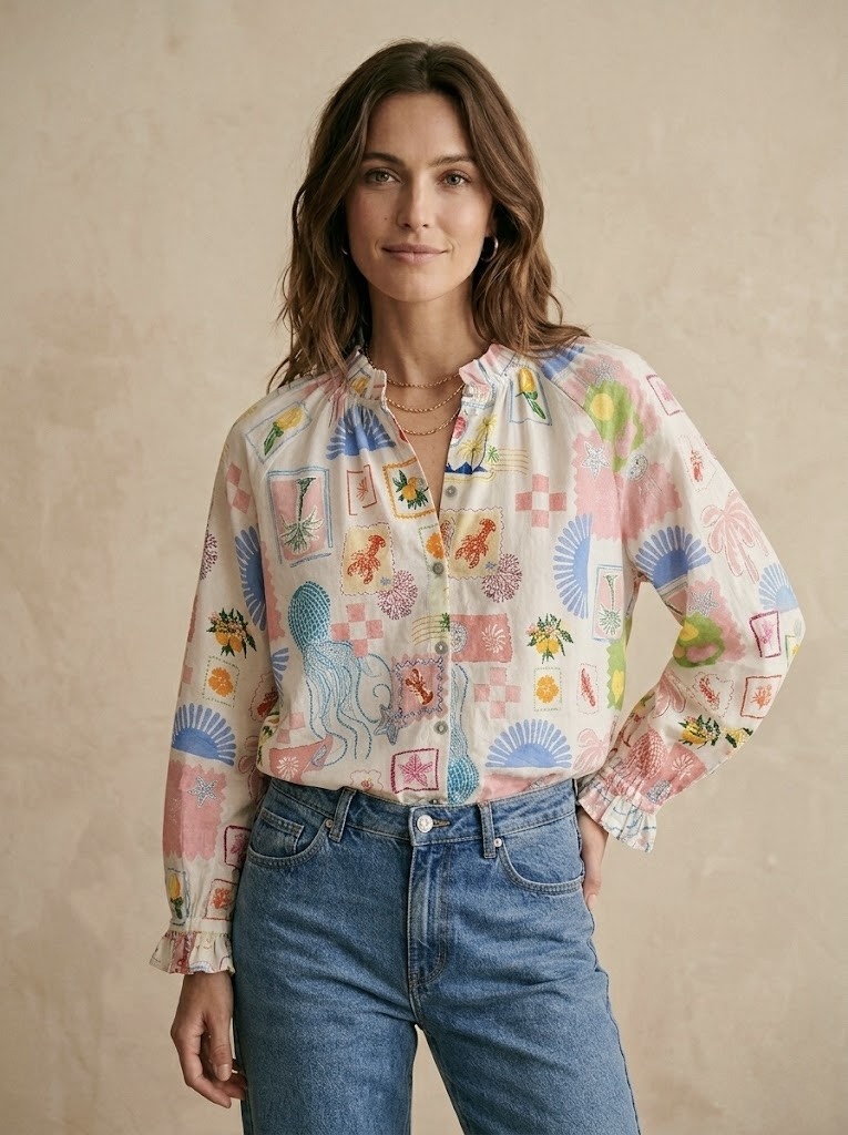 Mayorista Pépouz' Paris - Camisa de manga larga de algodón con estampado veraniego y cuello fruncido