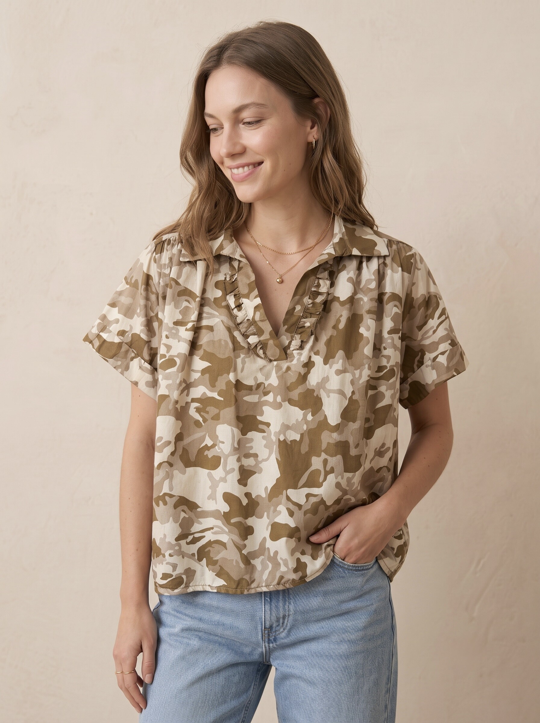 Grossiste Pépouz' Paris - Blouse imprimé camouflage coton col V manches courtes coupe ample
