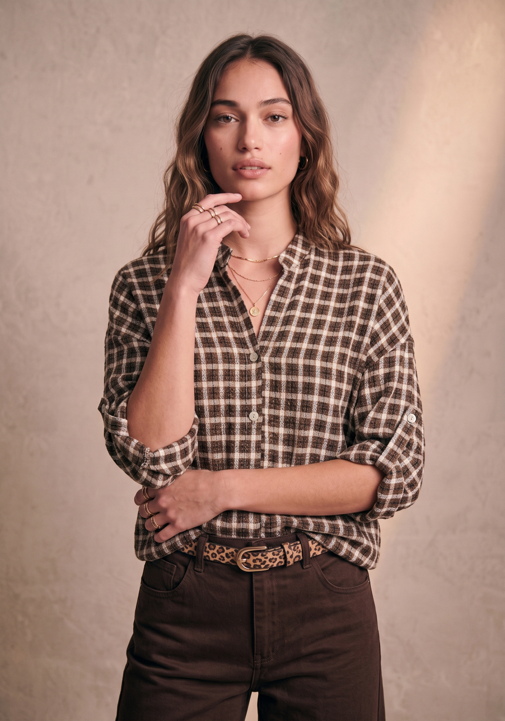 Grossista Pépouz' Paris - Camicia da donna a quadri in cotone con collo alla coreana, maniche 3/4, vestibilità ampia