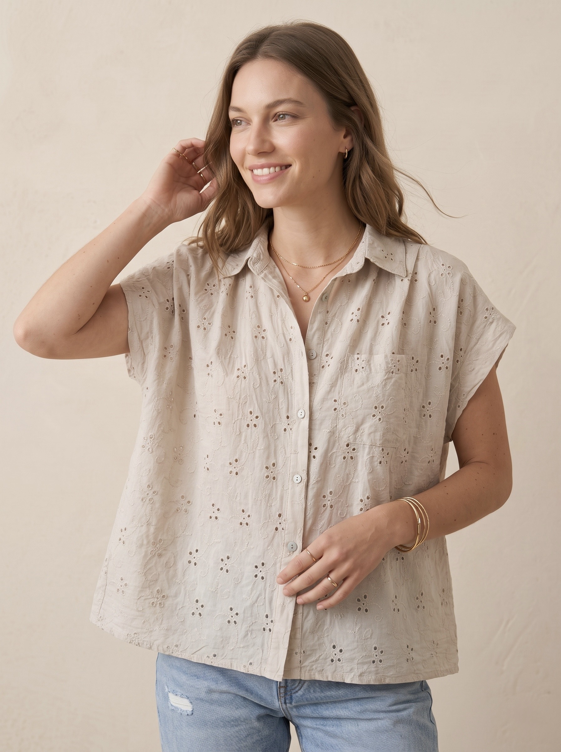 Grossiste Pépouz' Paris - Chemise coton broderie anglaise ample col chemise manches courtes