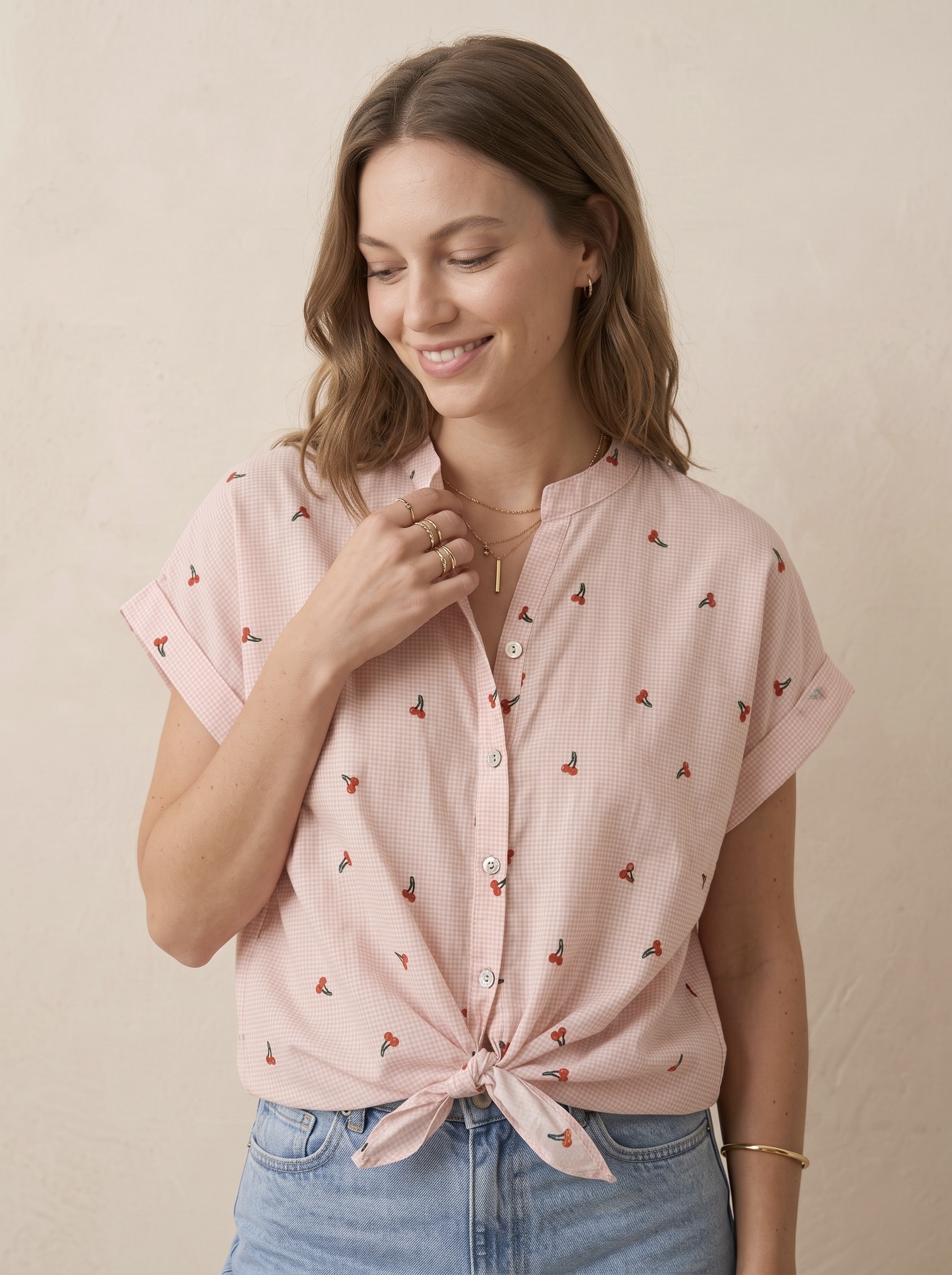 Grossiste Pépouz' Paris - Chemise coton vichy cerises col tunisien manches courtes