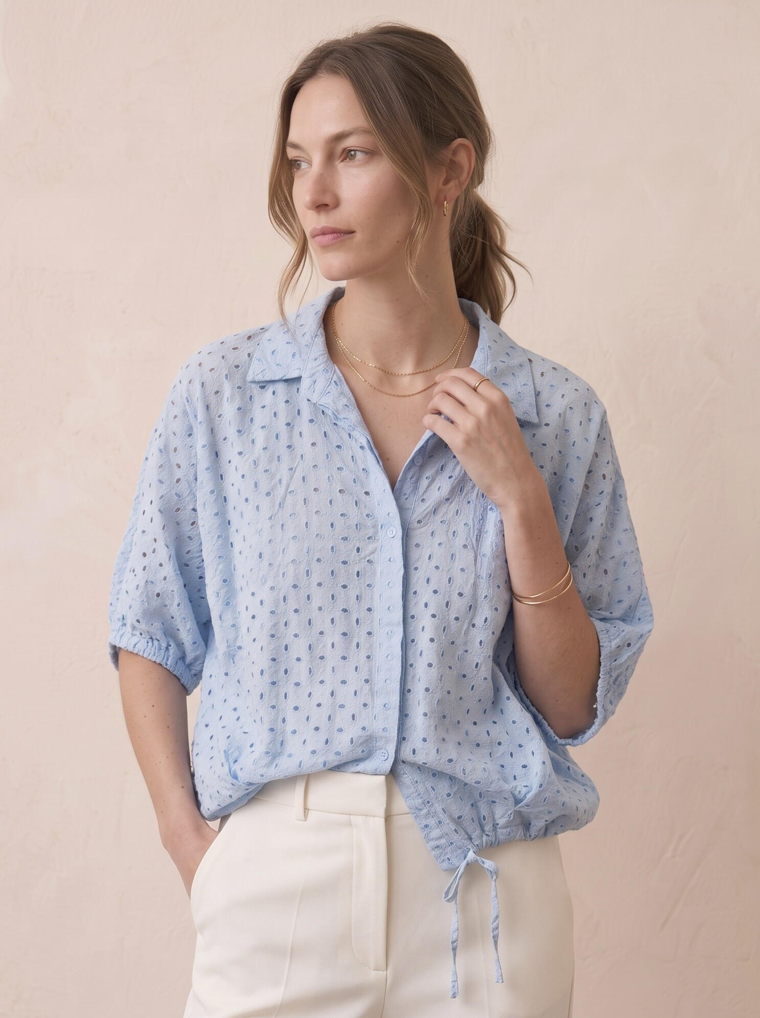 Grossiste Pépouz' Paris - Chemise coton broderie anglaise oversize col chemise manches 3/4