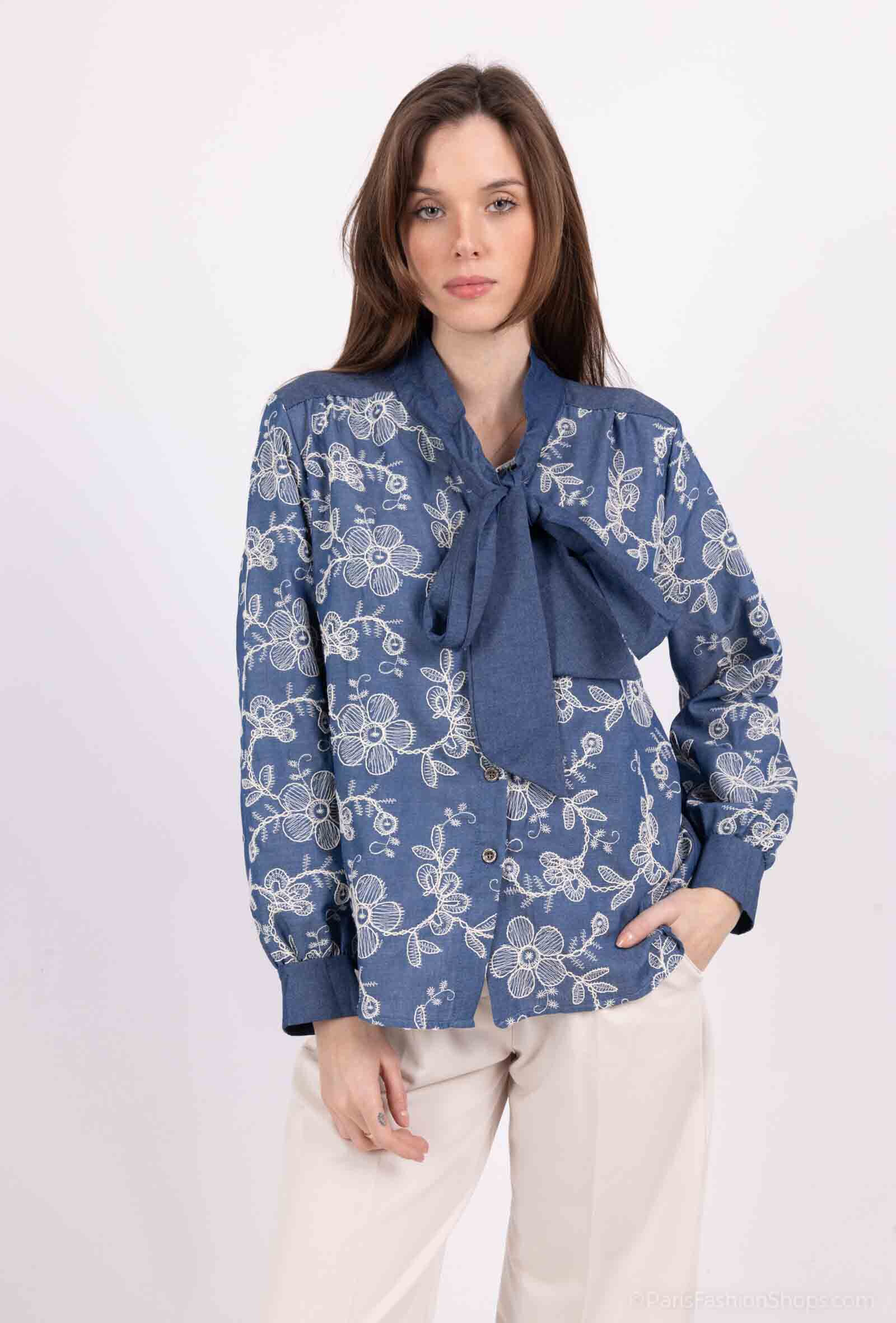 Grossiste Pépouz' Paris - Blouse en tencel avec broderie à col noué