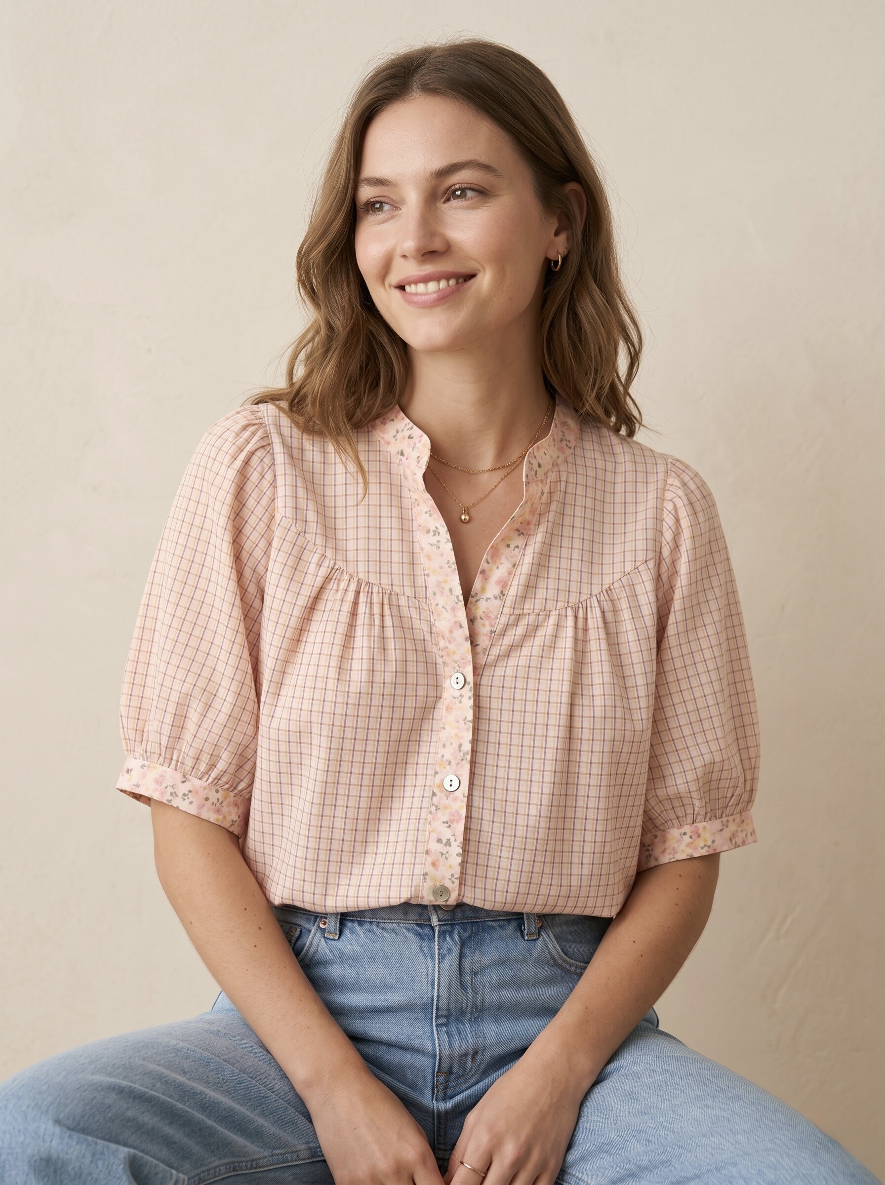 Grossiste Pépouz' Paris - Chemise à carreaux en coton coupe ample col V manches 3/4