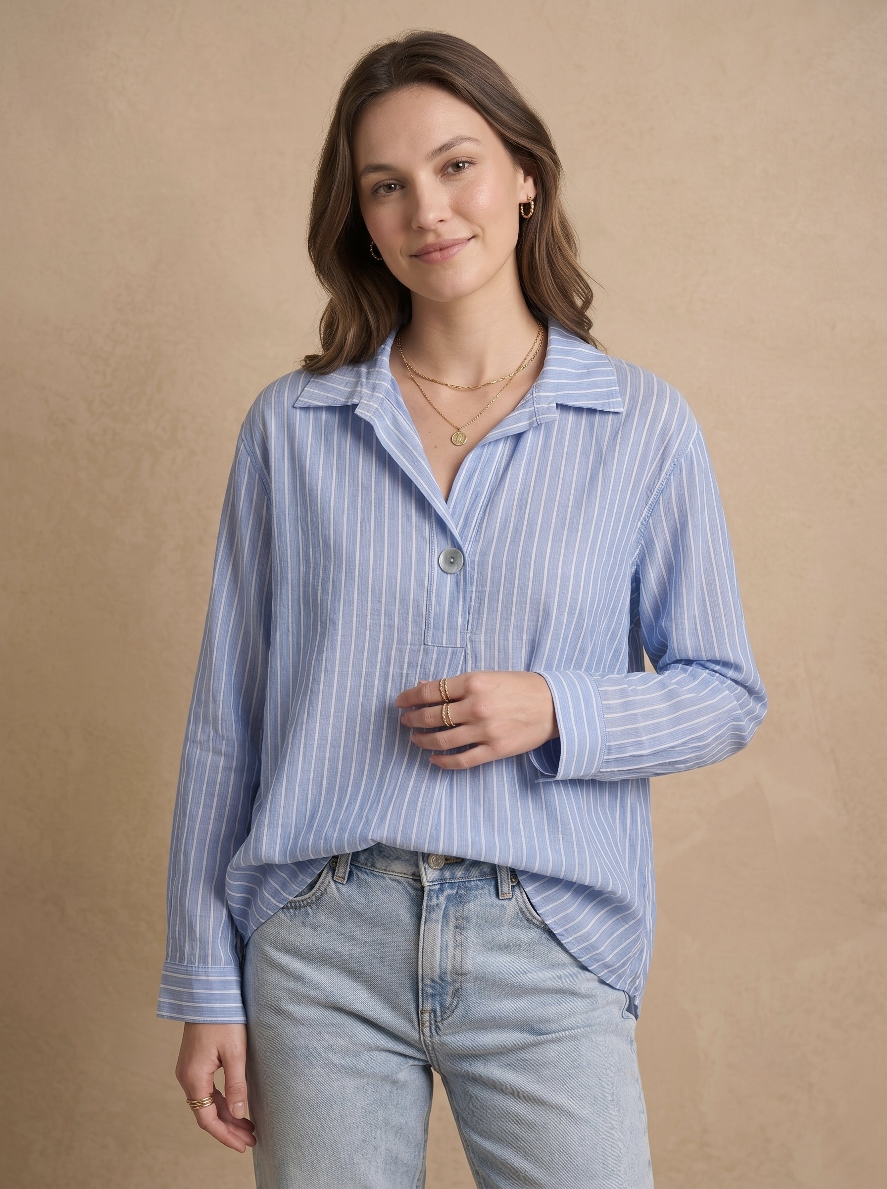 Mayorista Pépouz' Paris - Blusa fluida a rayas con cuello de camisa y botón