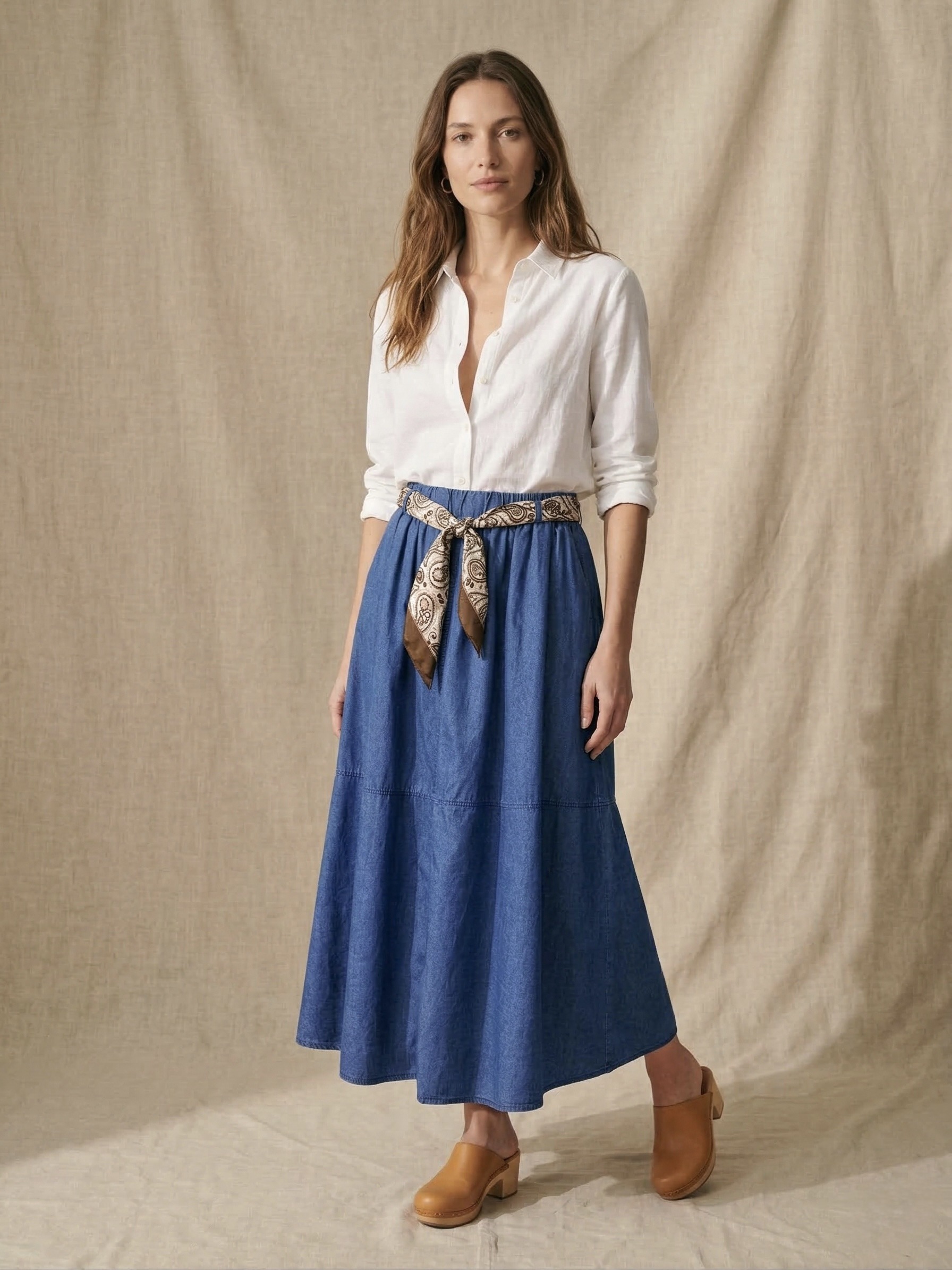 Grossiste Pépouz' Paris - Jupe longue coton jean léger avec foulard