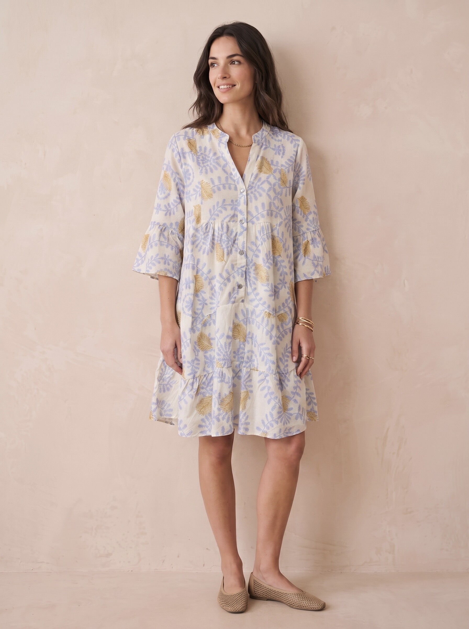 Grossiste Pépouz' Paris - Robe courte imprimée col tunisien manches 3/4 coton coupe bohème