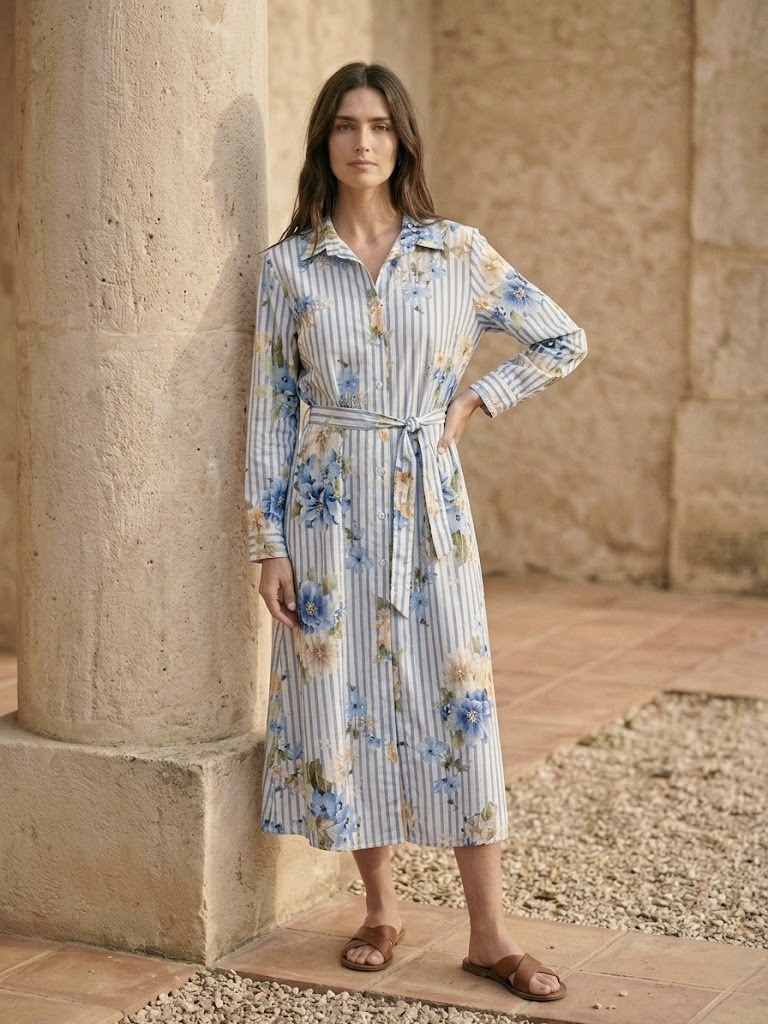 Grossiste Pépouz' Paris - Robe chemise longue à rayures et fleurs