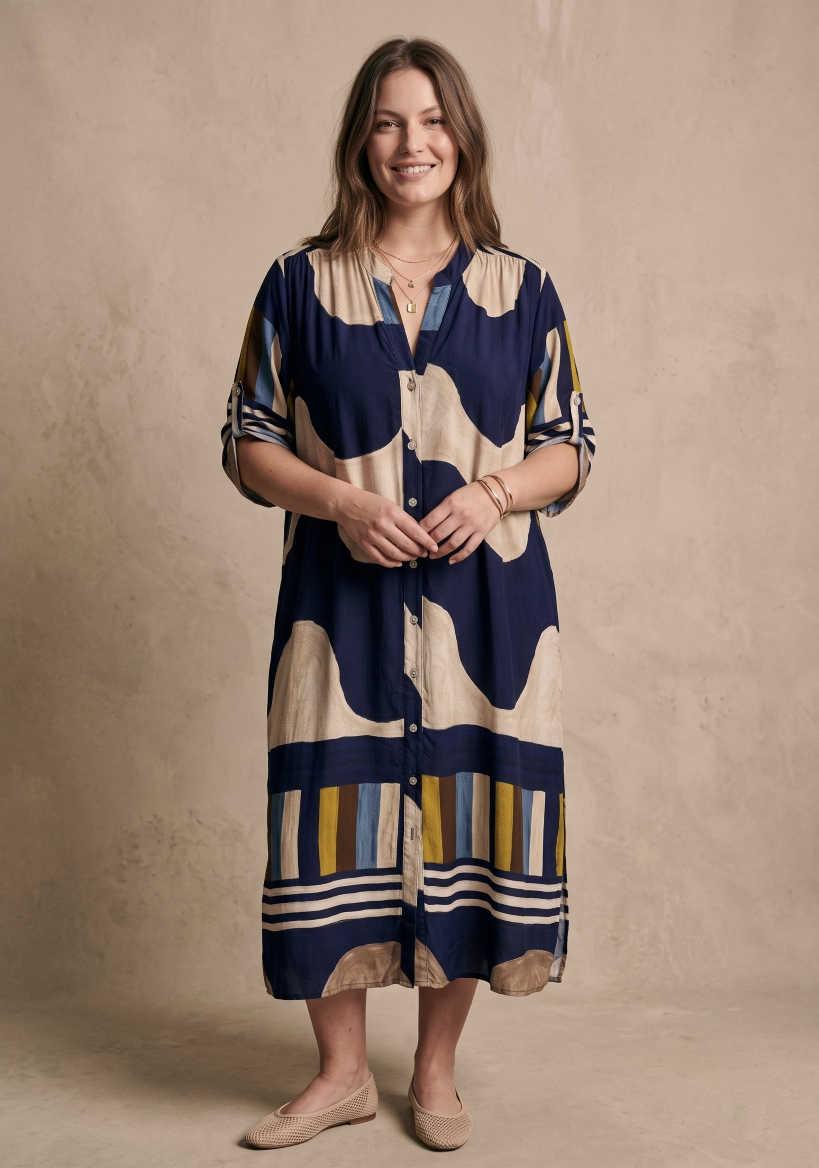 Großhändler Pépouz' Paris Curve - Langes Hemdkleid in großen Größen mit Druck, tunesischem Kragen und 3/4-Ärmeln