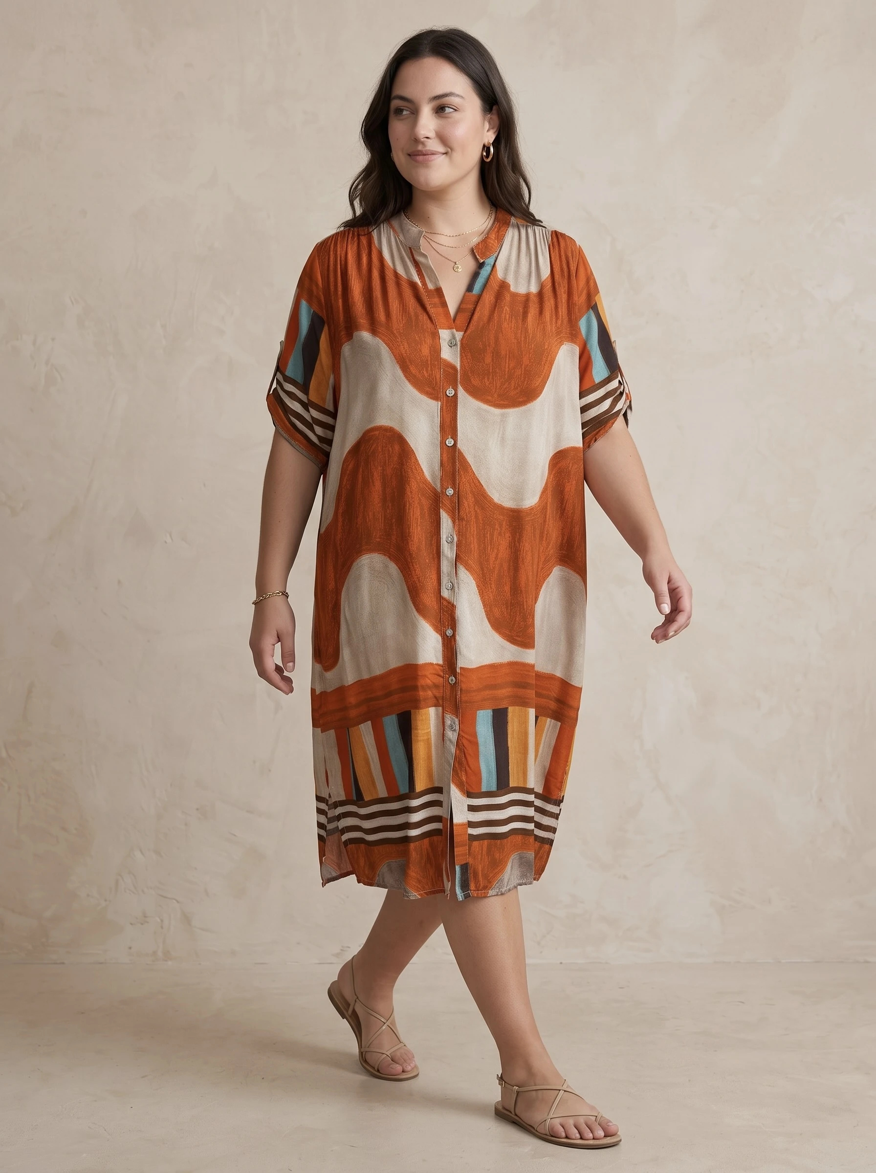 Grossiste Pépouz' Paris Curve - Grande taille Grande taille robe chemise longue imprimée col tunisien manches 3/4