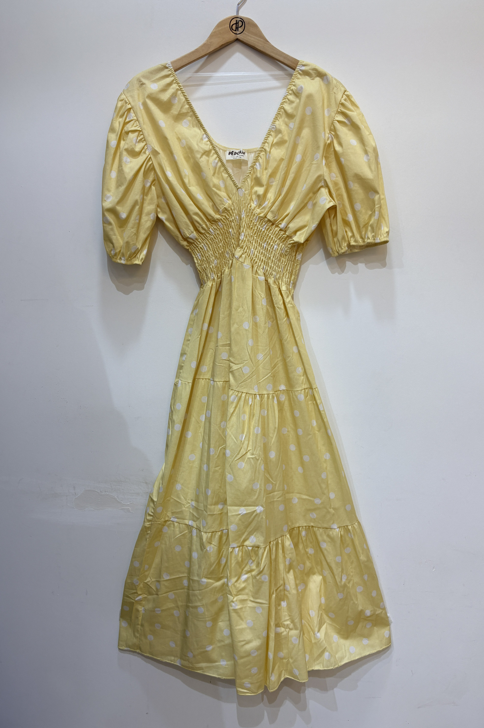 Mayorista Pépouz' Paris - Vestido largo de lunares con mangas abullonadas y cintura fruncida