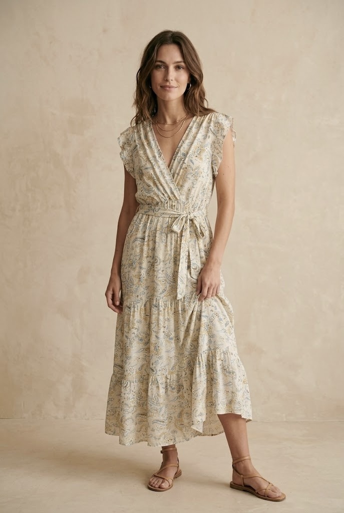 Mayorista Pépouz' Paris - Vestido largo sin mangas con estampado de cachemira y hombros con volantes