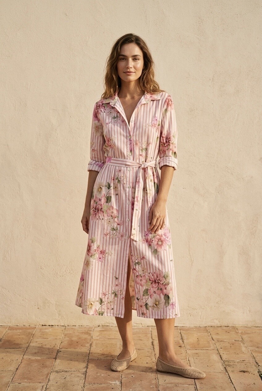 Mayorista Pépouz' Paris - Vestido camisero largo con rayas y flores