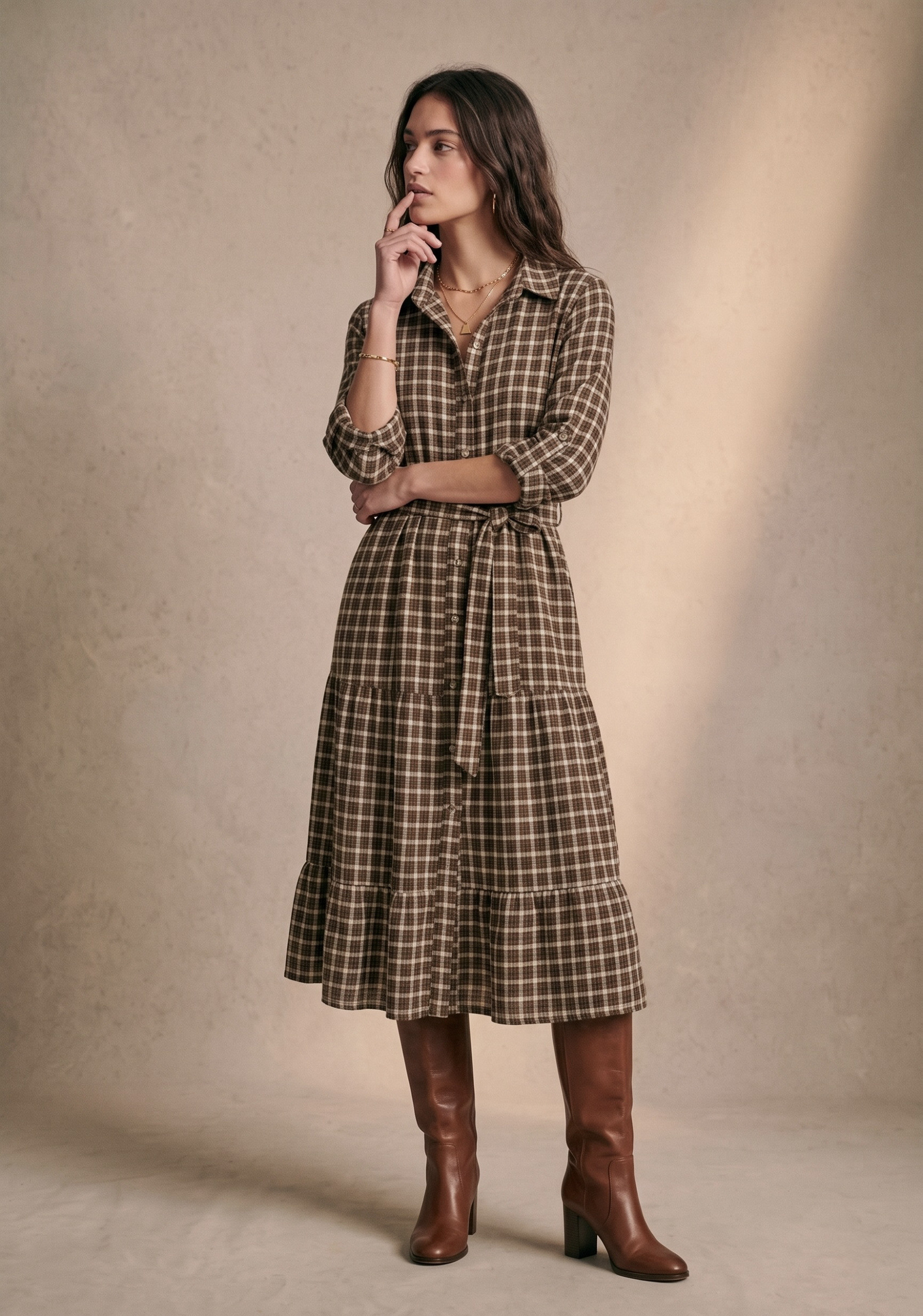 Großhändler Pépouz' Paris - Langes Damen-Hemdkleid aus Baumwolle mit Karomuster, Hemdkragen und Gürtel