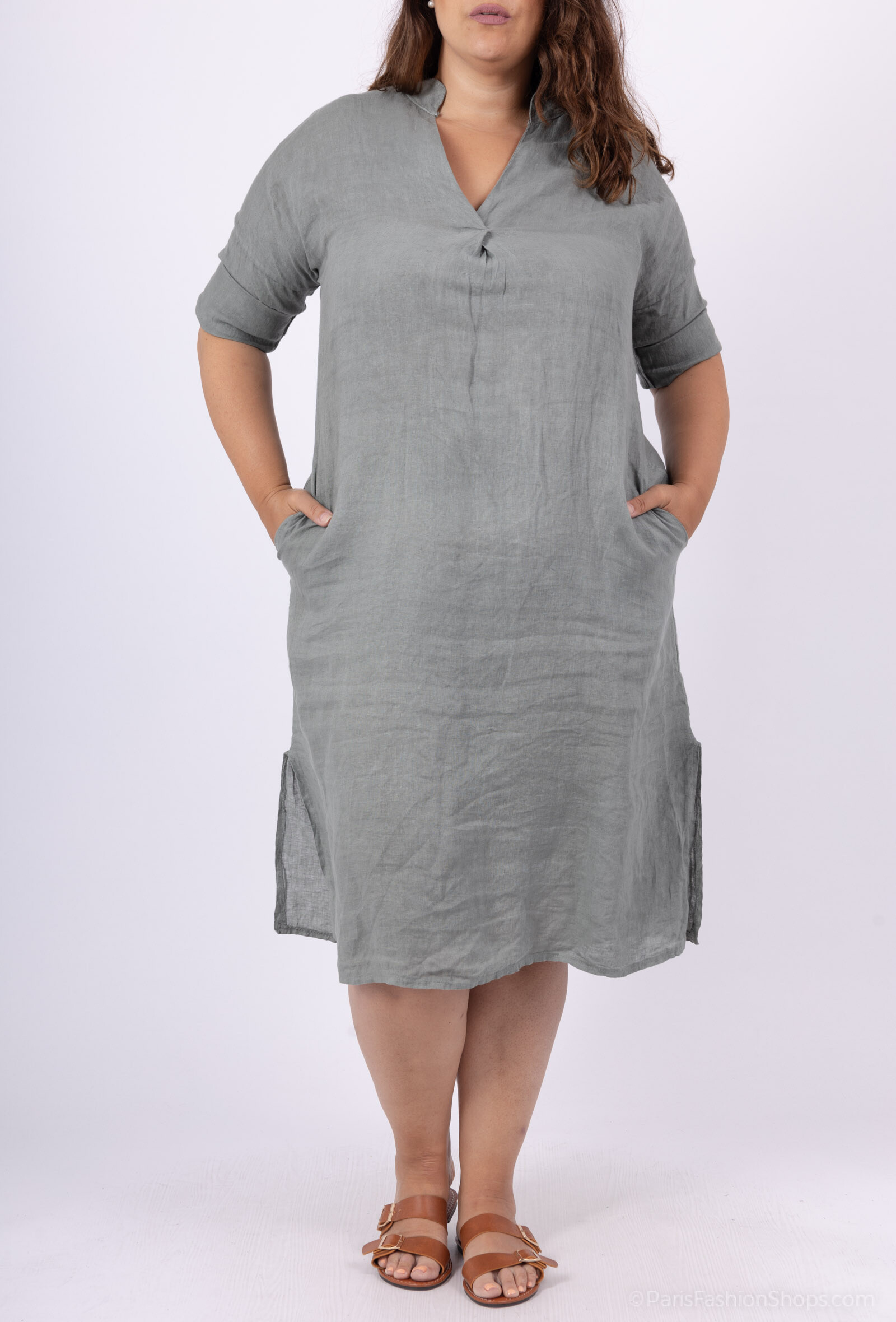 Großhändler Pépouz' Paris - GROSSE GRÖSSE Tunika-Kleid 100% Leinen Tunesischer Kragen
