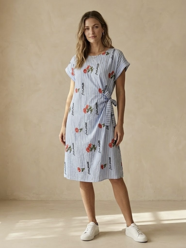 Grossiste Pépouz' Paris - Robe chemise rayée bleue roses ceinturée