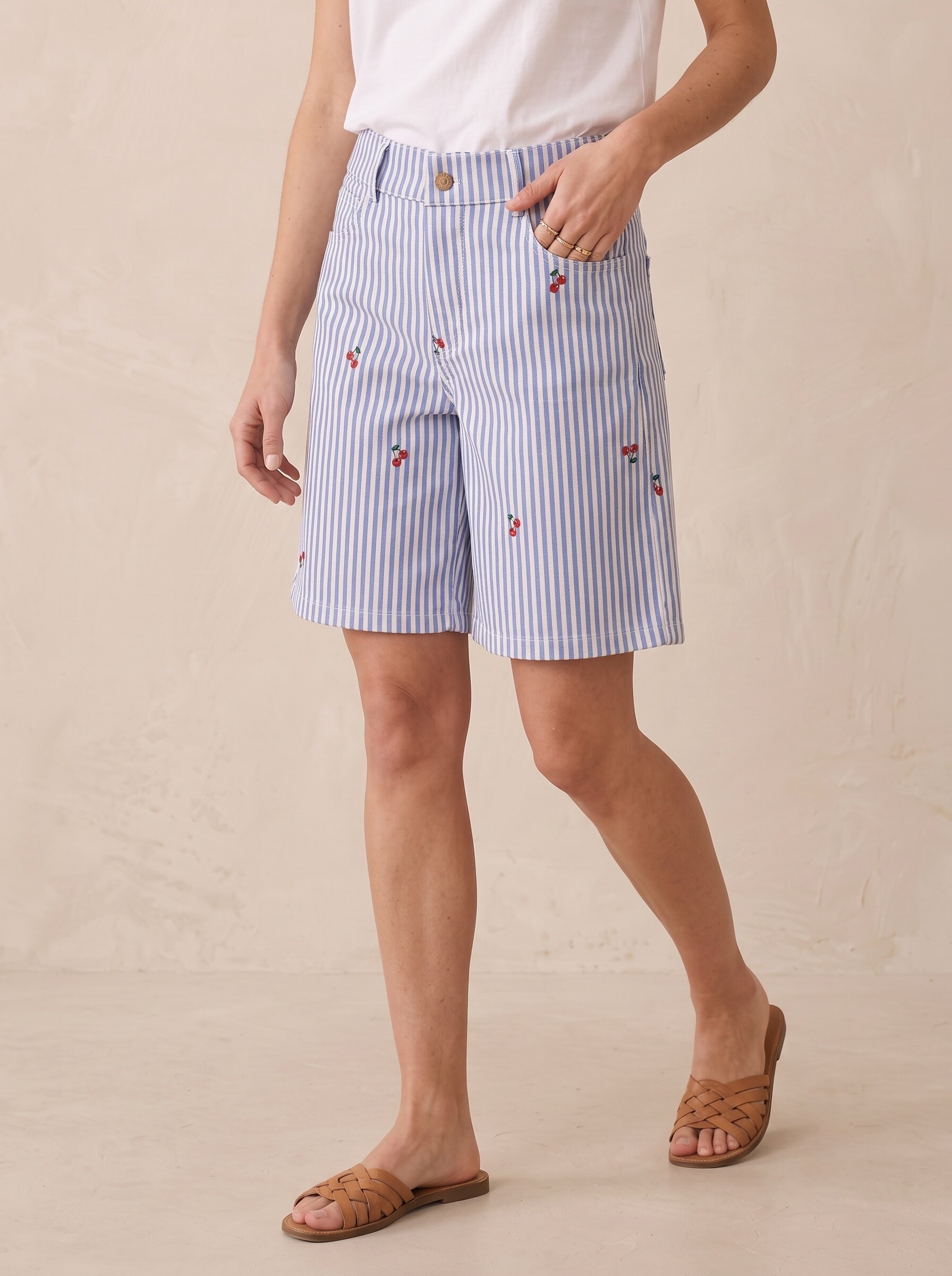 Wholesaler Pépouz' Paris - Striped cotton Bermuda shorts with cherry embroidery, high waist, straight cut