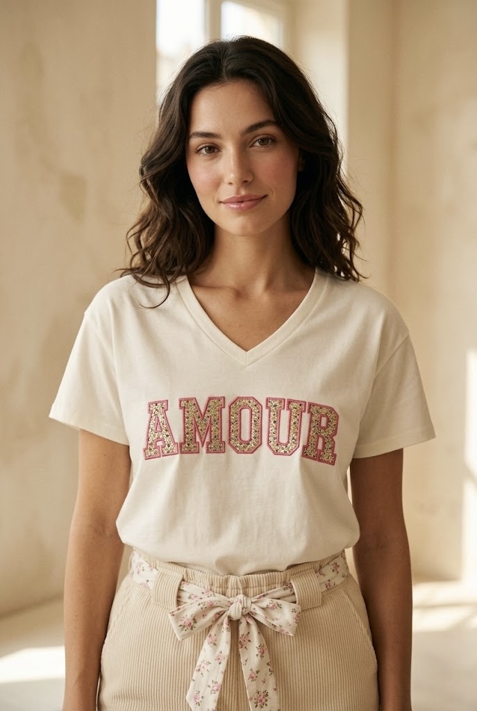 Grossiste Pépouz' Paris - T-shirt AMOUR imprimé liberty col V