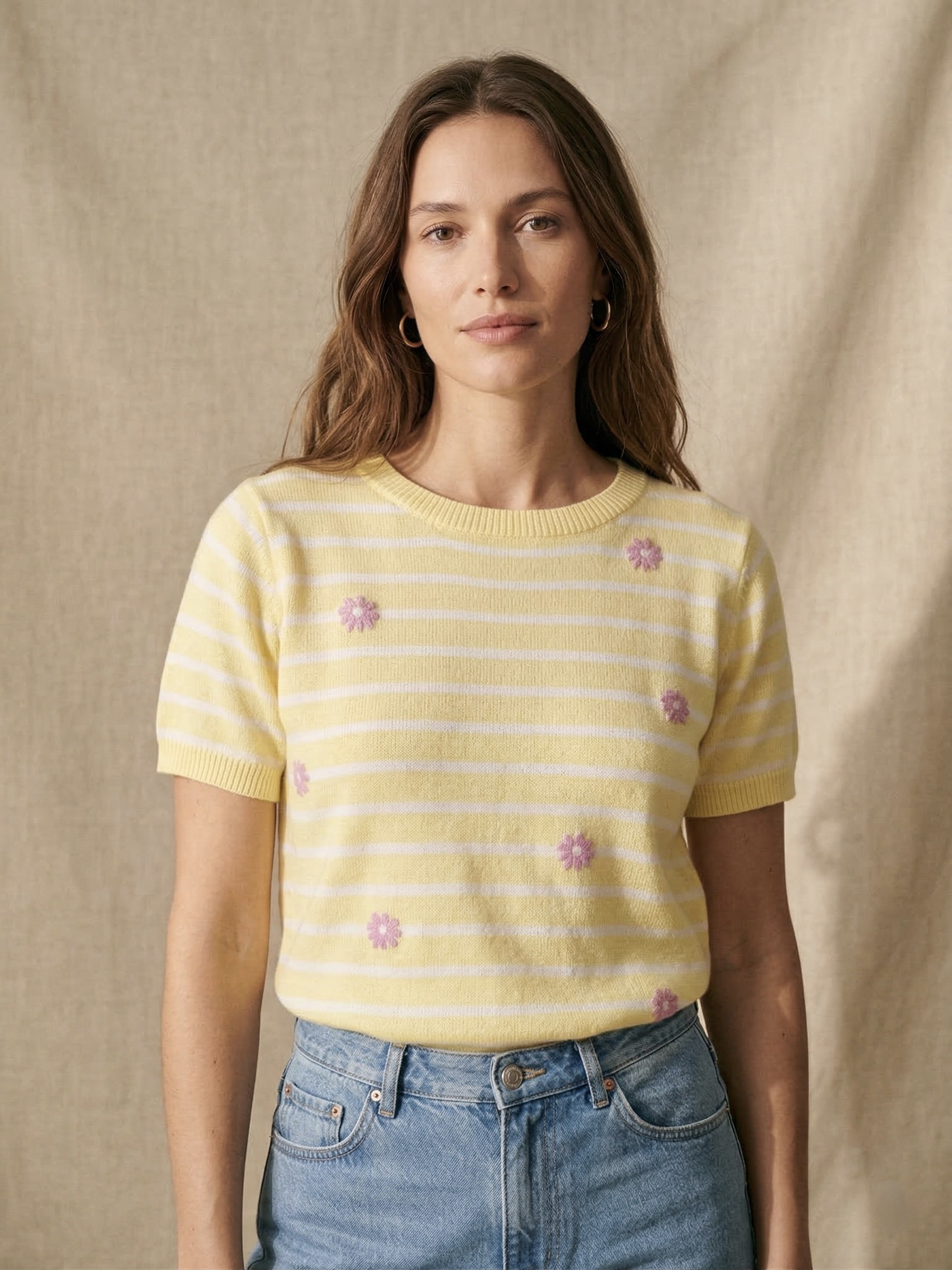 Grossiste Pépouz' Paris - Pull maille coton manches courtes rayé à fleurs