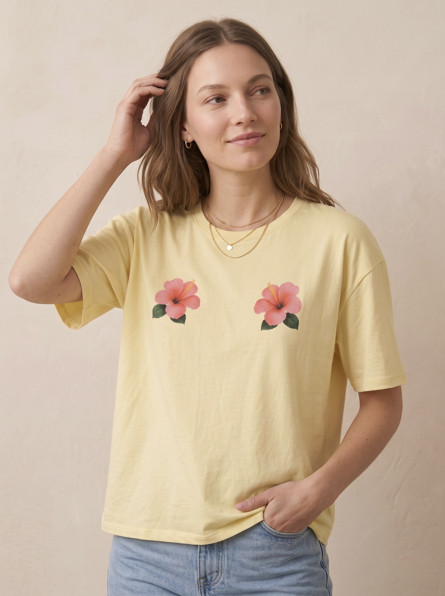 Grossiste Pépouz' Paris - T-shirt coton imprimé fleurs hibiscus col rond manches courtes coupe droite