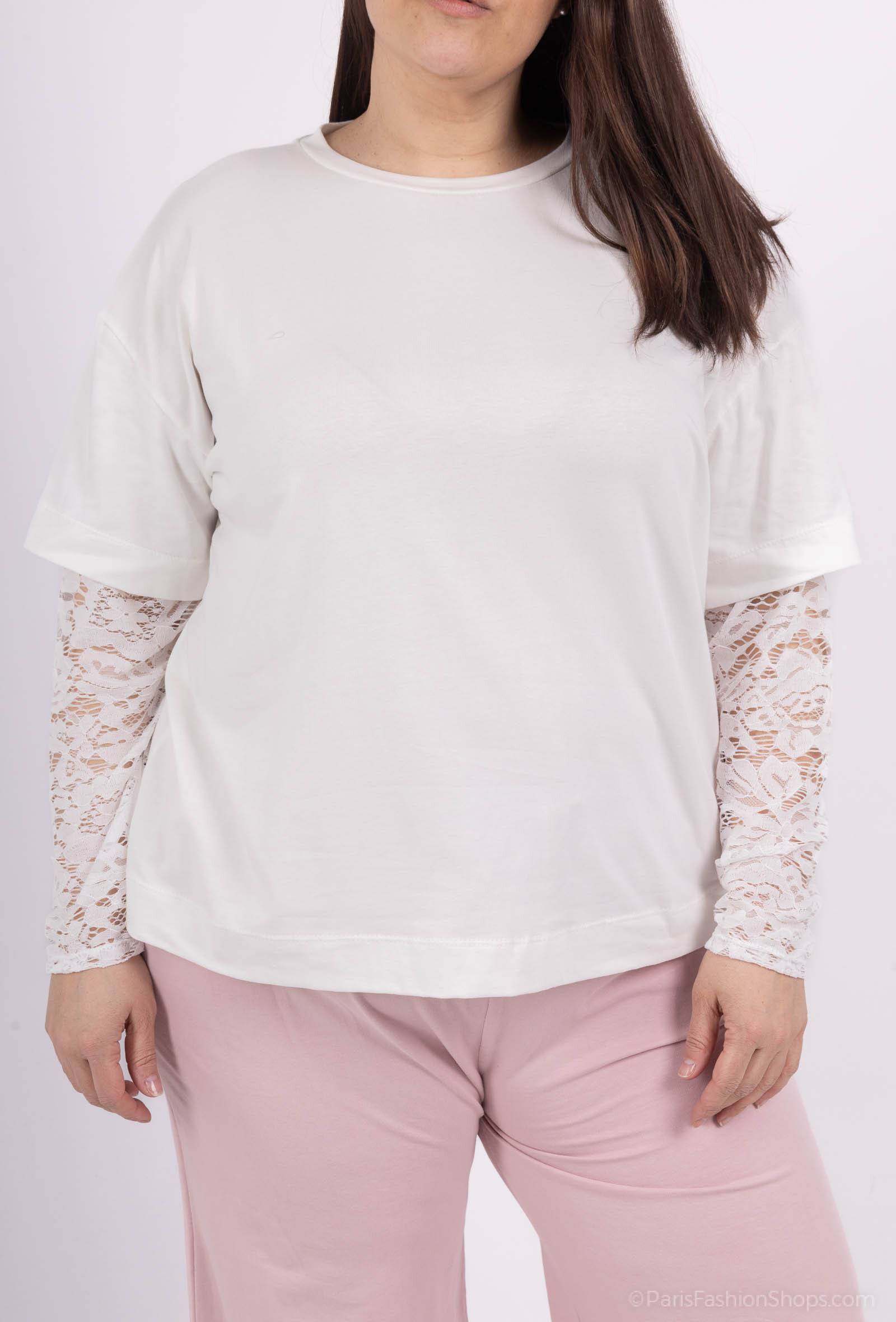 Grossiste Pépouz' Paris - GRANDE TAILLE Tshirt 95% coton avec manches en dentelle
