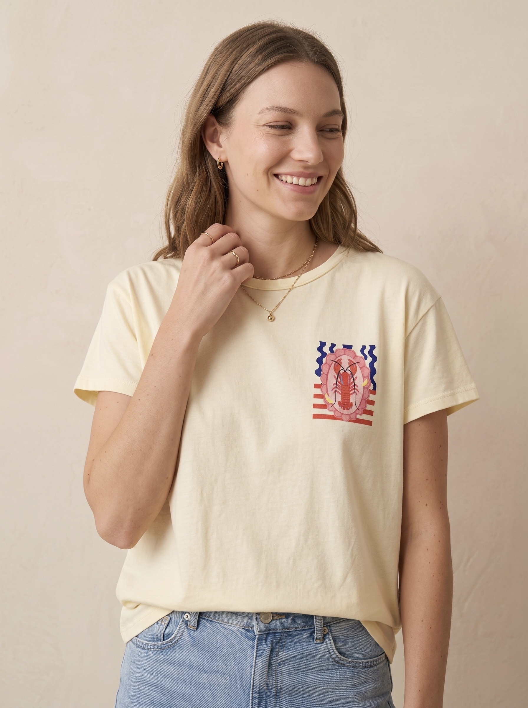 Mayorista Pépouz' Paris - Camiseta de algodón con estampado de langosta, cuello redondo, mangas cortas, corte recto