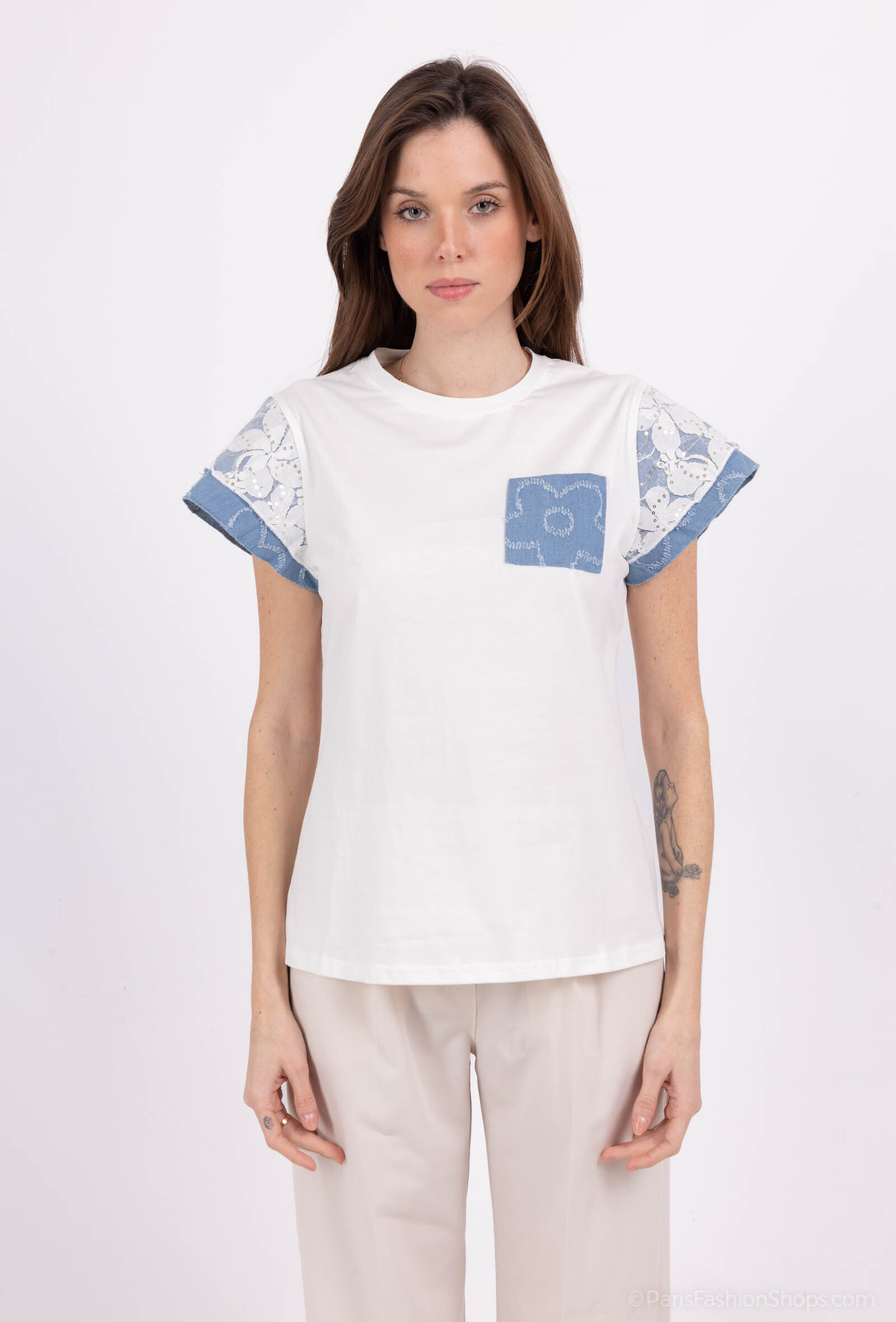 Grossiste Pépouz' Paris - Tshirt 95% coton et poche denim et dentelle
