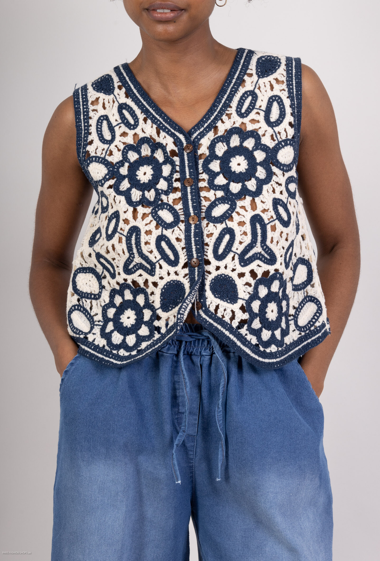 Mayorista Pépouz' Paris - Top Beige Black Marine Crochet