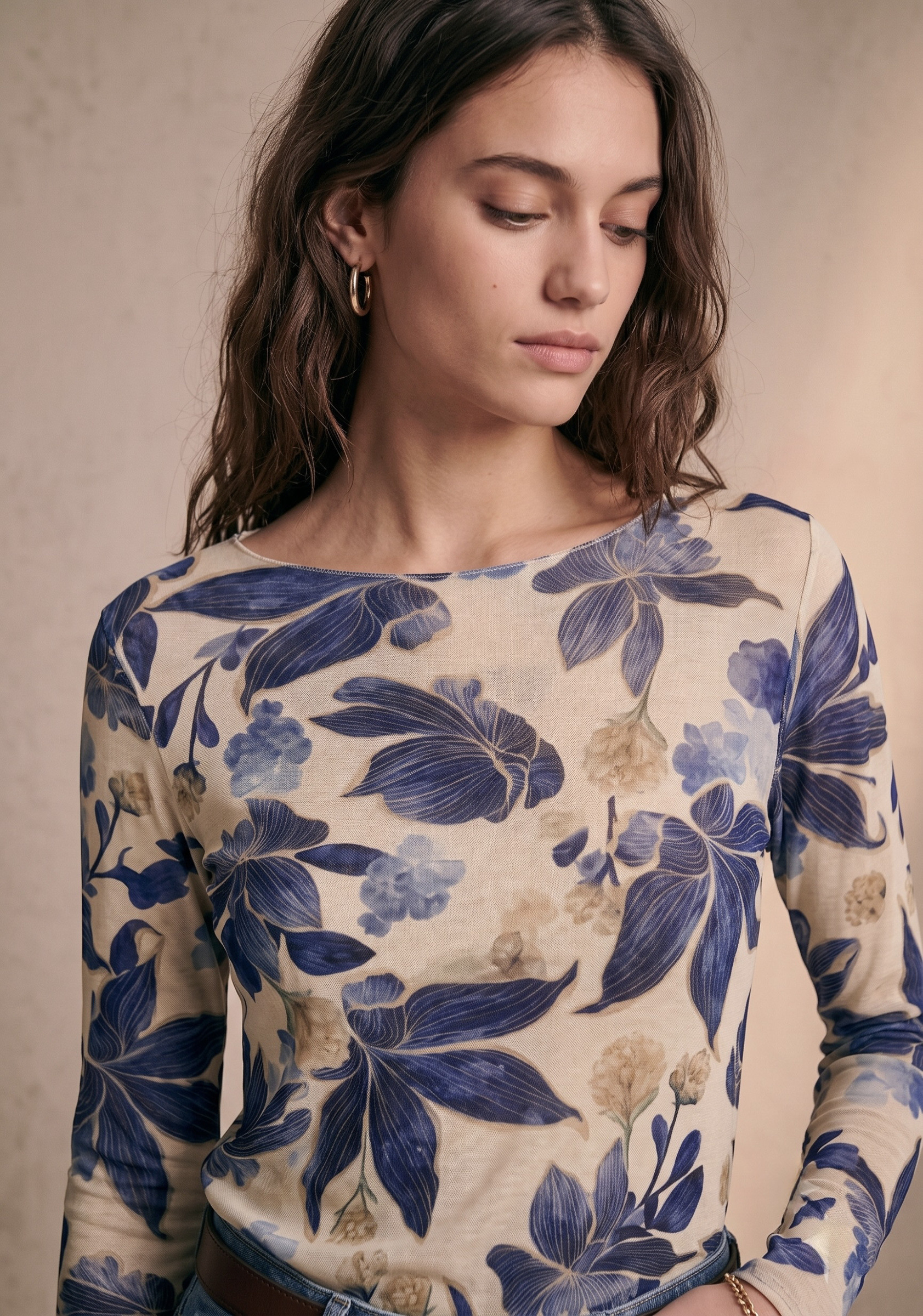Grossiste Pépouz' Paris - Top imprimé floral col rond manches longues coupe ajustée