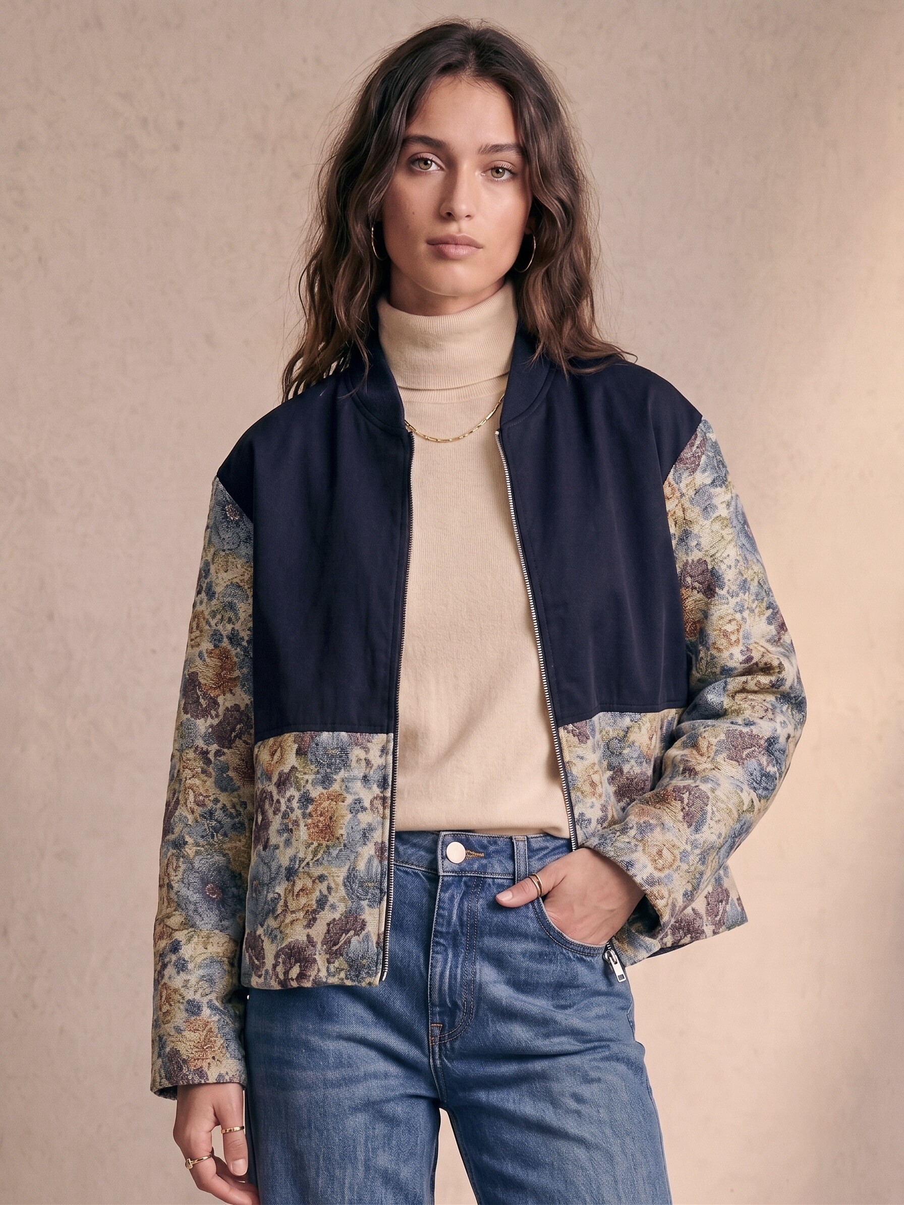 Grossiste Pépouz' Paris - Veste bomber bi-matière imprimé fleuri col montant zippée en coton